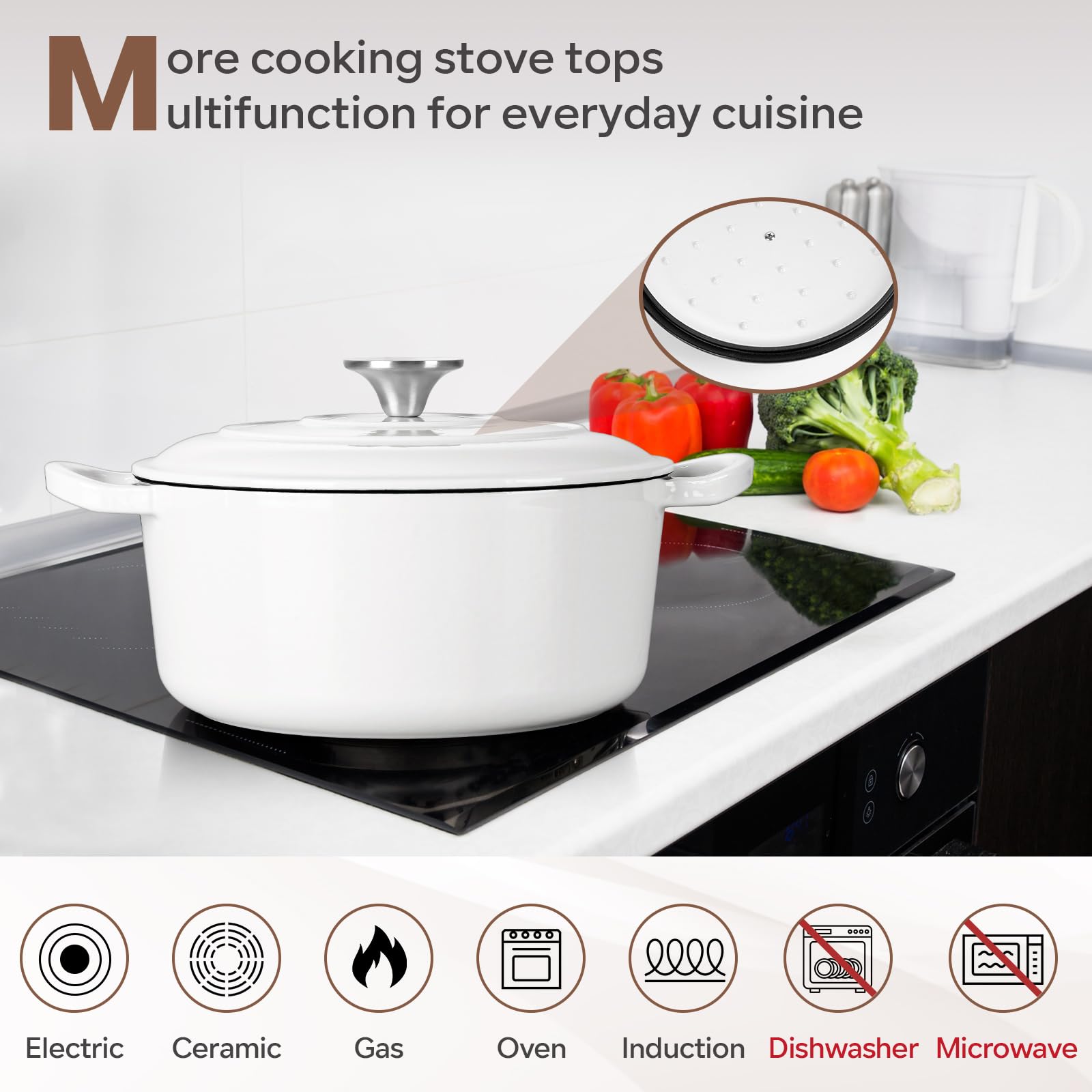 HaSteeL Horno holandés de hierro fundido de 6 cuartos de galón, olla antiadherente esmaltada con tapa, utensilios de cocina redondos antiadherentes para hornear pan de masa madre, asar, estofar,