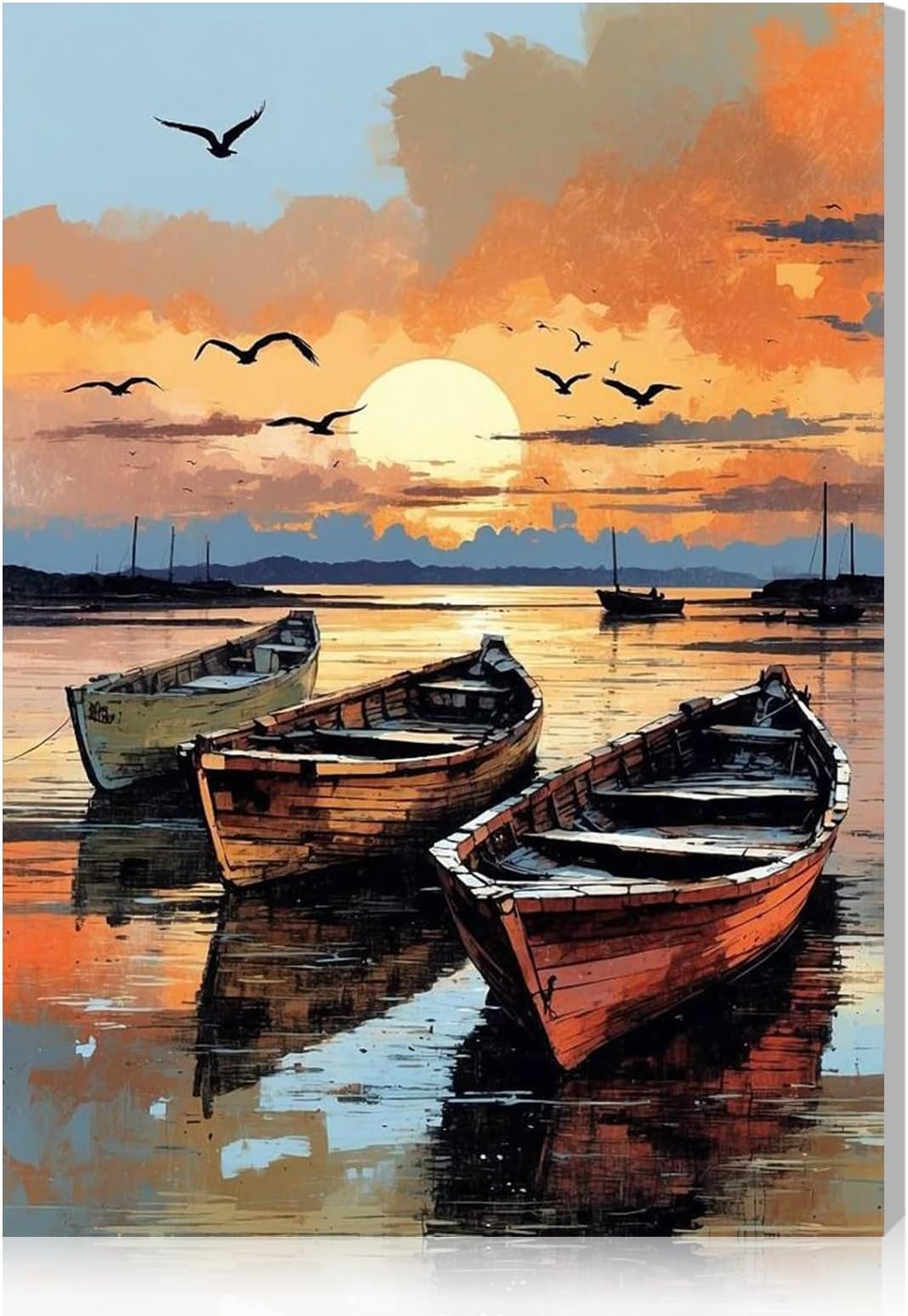 Sunset Paint by Numbers Kit for Adults Beginners with Frame, Beach Boat Adults' Paint-by-Number Kits on Canvas, DIY Acrylic Painting by Numbers Easy Oil Painting by Number Kits for Home Decor, 8x12in