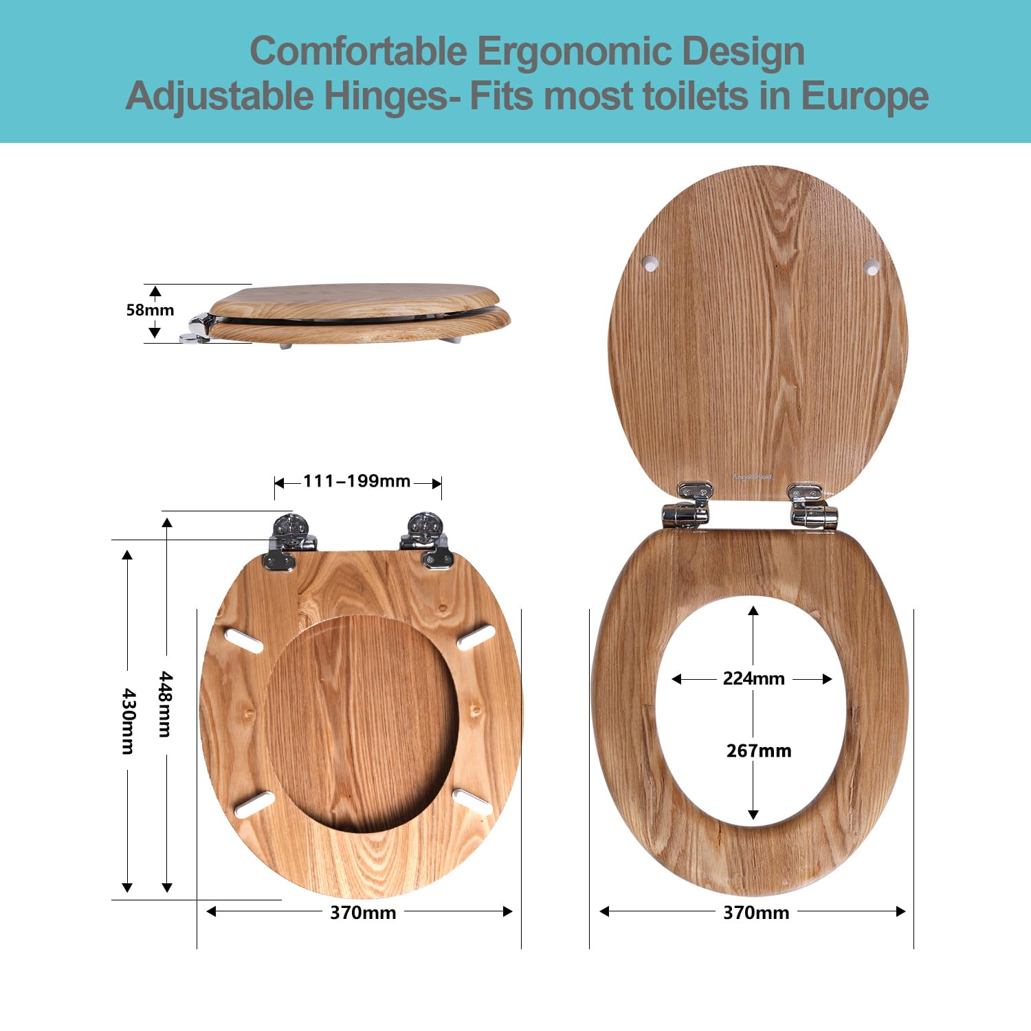 Angel Shield WC-Sitz aus Naturholz, WC-Sitz mit leise geschlossenen und schnell öffnenden Scharnieren, auch leicht zu reinigen, antibakterieller Toilettensitz (Massive Eiche)