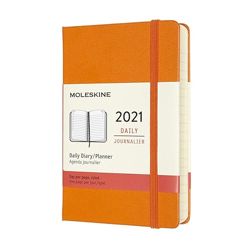 Moleskine - Agenda Giornaliera 12 Mesi 2021, Daily Planner 2021, Copertina Rigida e Chiusura ad Elastico, Formato Pocket 9 x 14 cm, Colore Arancio Cadmio, 400 Pagine