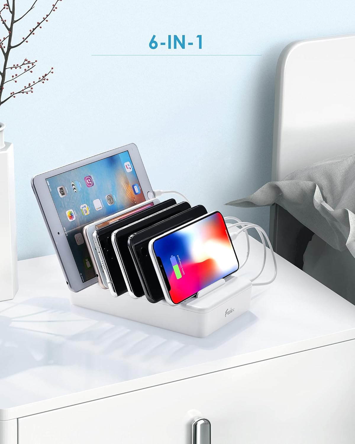Charging Station for Multiple Devices, 6 Ports Compatible Cables W/3 iPhone, Micro USB,Type C,Compatible with Apple Charging Station,Phone,iPad,Cell Phone,Tablets,iPad,Kindle,White : Cell Phones & Accessories
