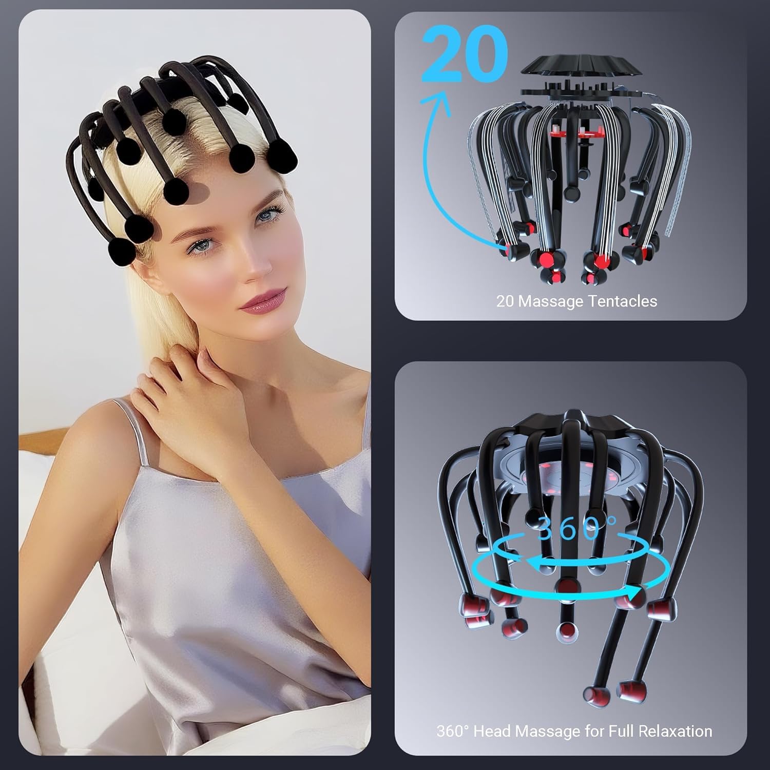 Masajeador eléctrico del cuero cabelludo, masajeador automático de cabeza de pulpo de 360°, 4 modos, dispositivo de relajación del estrés del cuero cabelludo, 8 cabezales