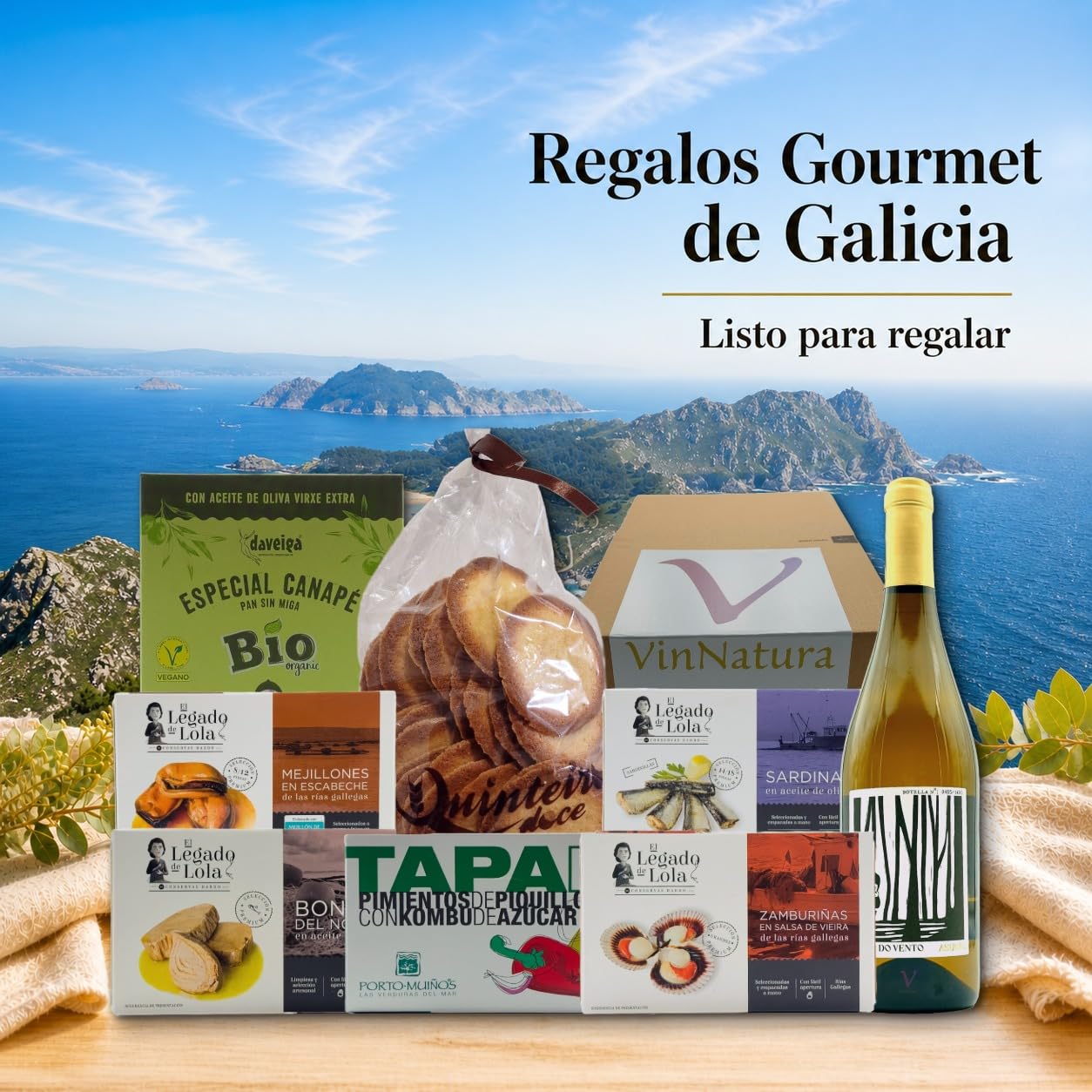 Caja Gourmet Vionta de VinNatura con Conservas Artesanales y Vino Godello | Regalo gourmet gallego, regalos de empresa, cesta con vino, elaboración tradicional, tarjeta personalizable