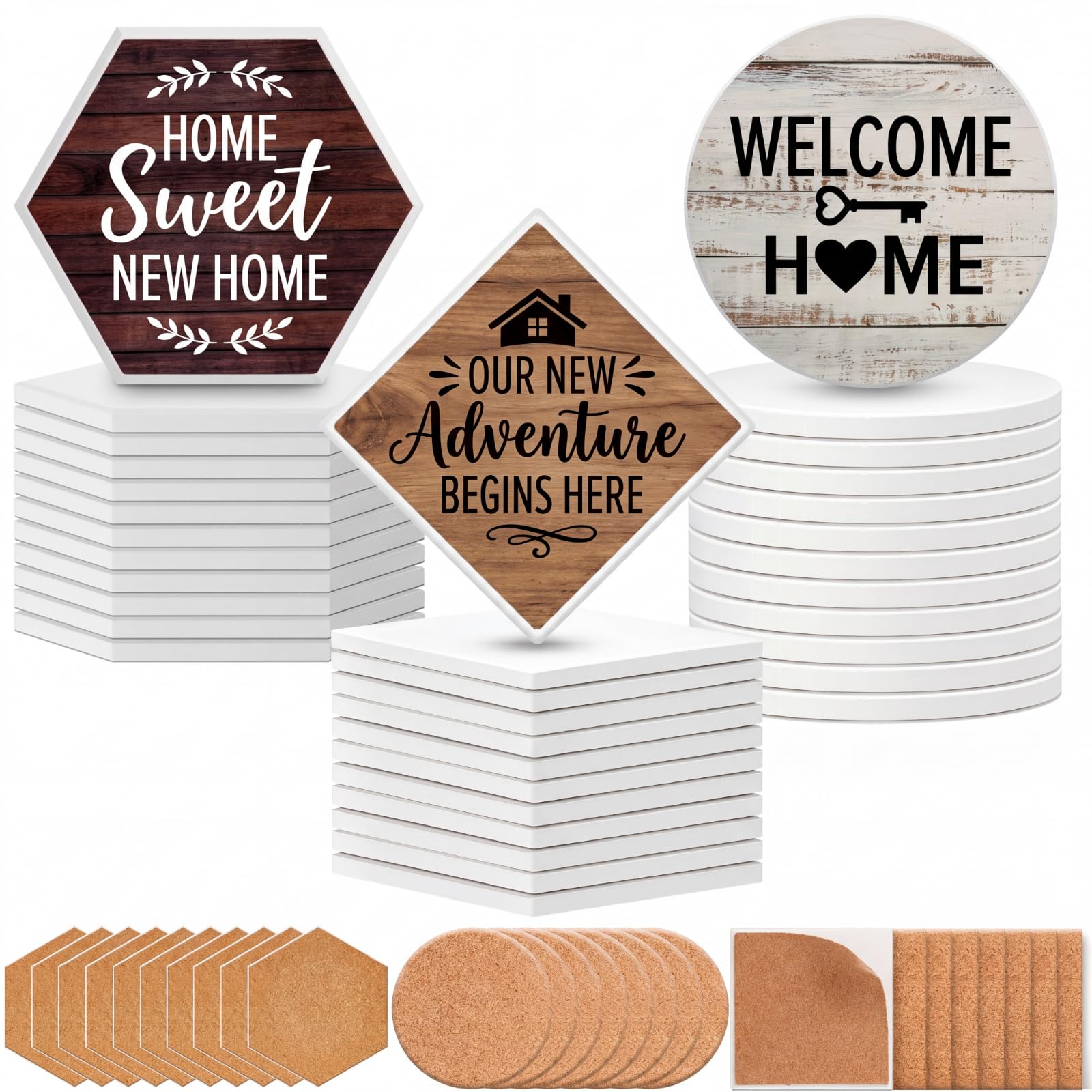 Tioncy 36 Pieces Sublimation Coasters Blank with Cork, Square Hexagon Round