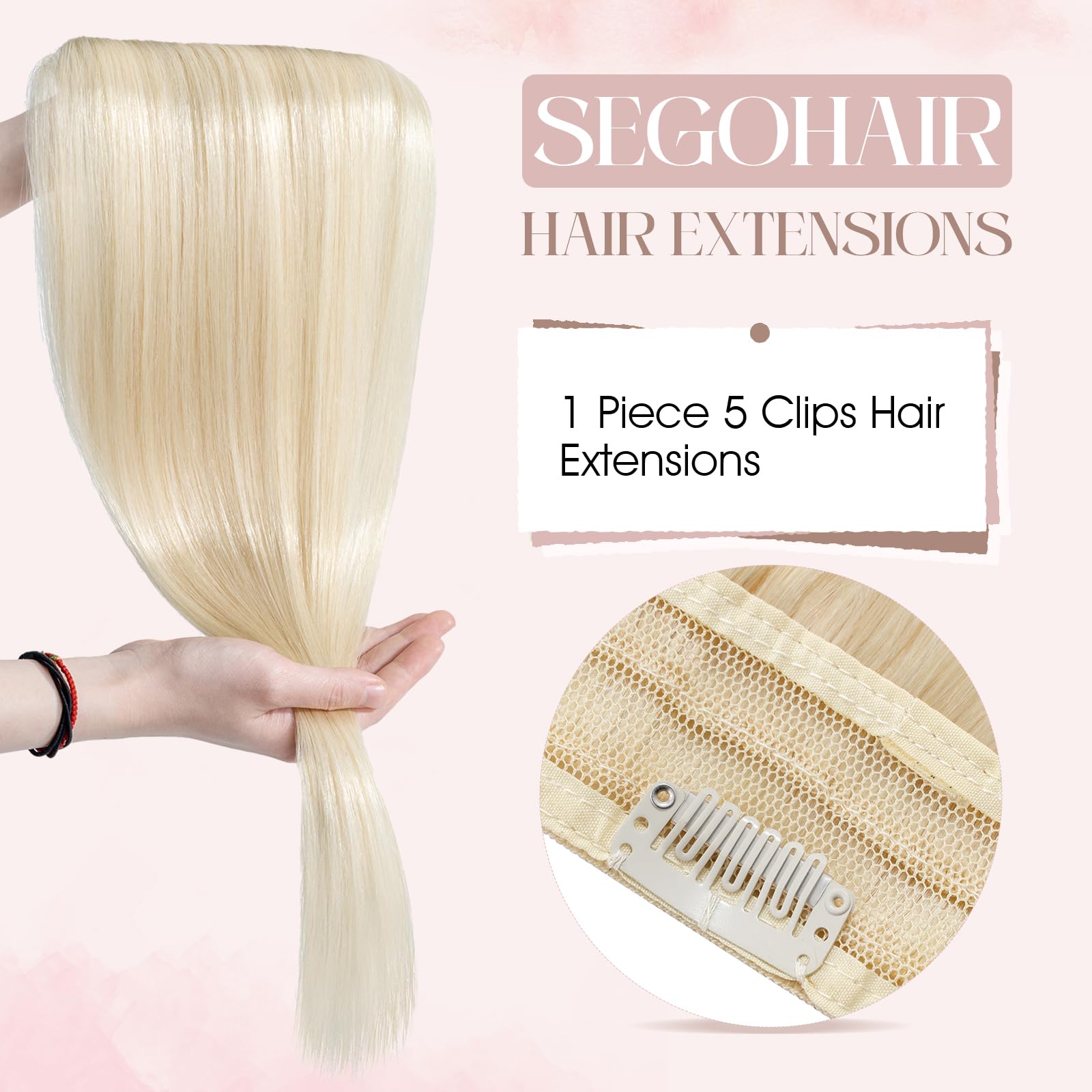 SEGOHAIR Clip in Hair Extensions - Real Human Remy Hair, 14" Seamless Clip in One Piece (5 Clips) - Platinum Blonde (40g) - Image 2