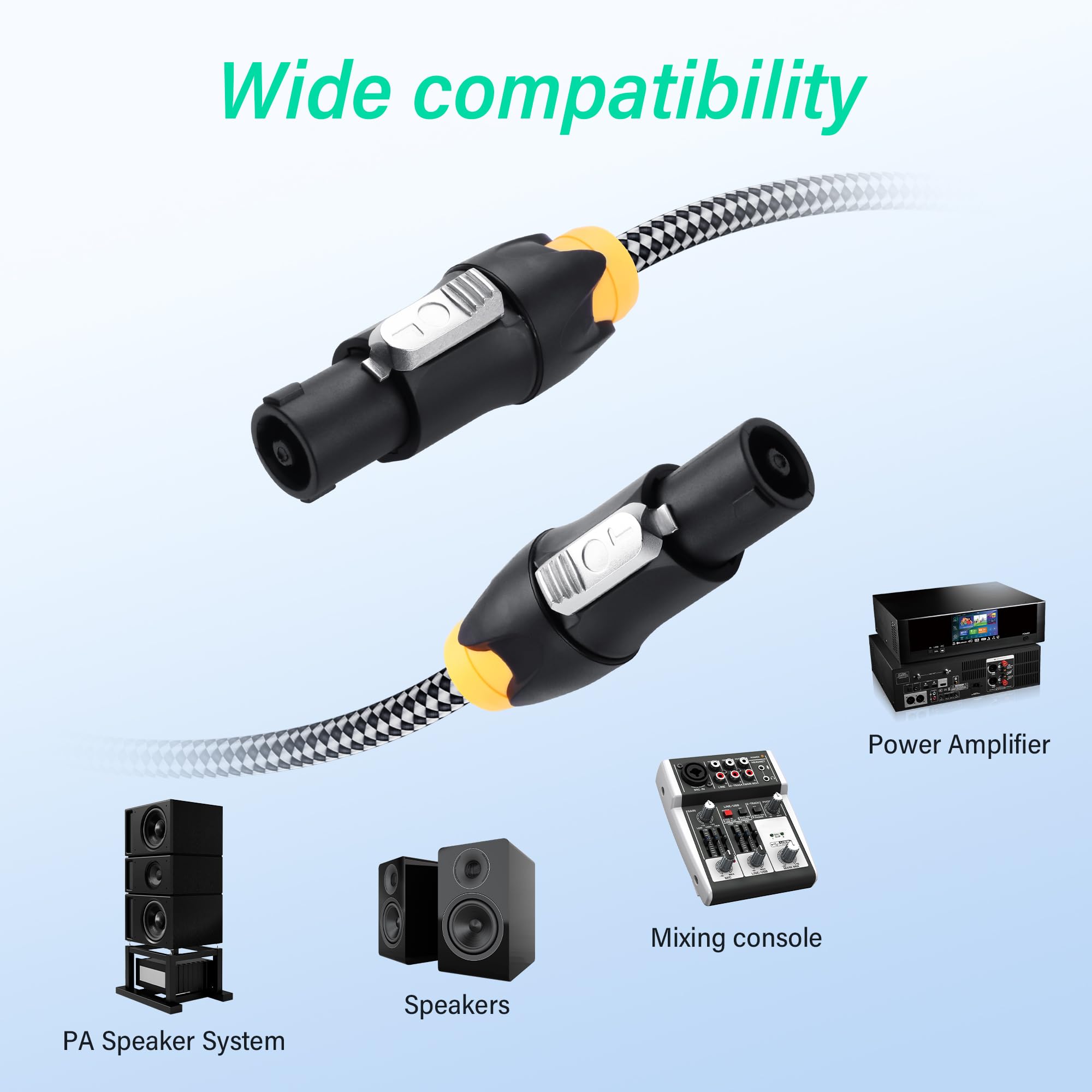SinLoon Speakon - Cavo per altoparlante 3 m/10 FT, 14 AWG, cavo audio ad alta resistenza con treccia e connettori di bloccaggio per amplificatori