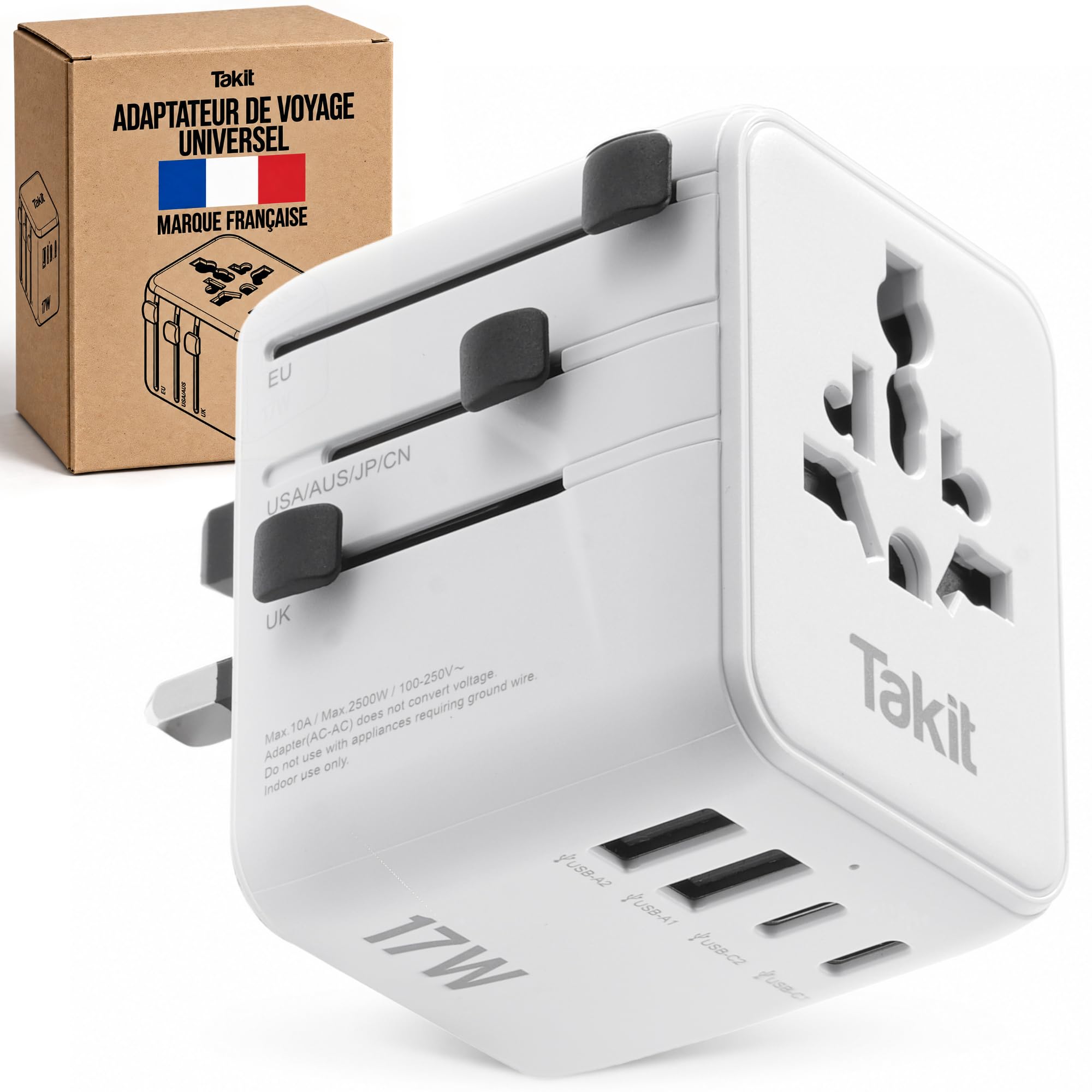 6-in-1 Universal Travel Adapter, 2x USB-C, 2x USB-A, 17W, White