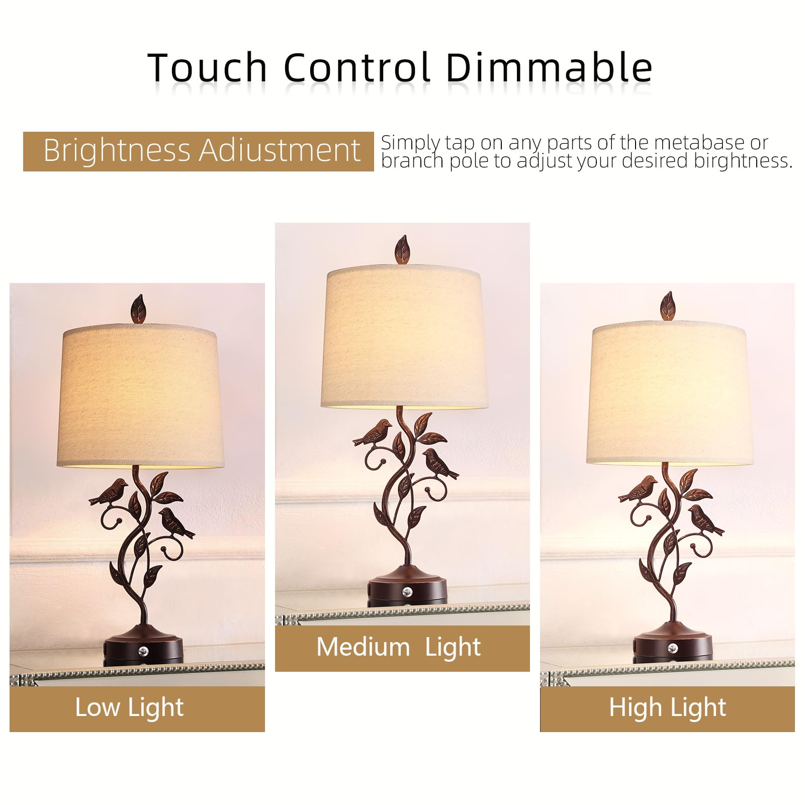 Lampade da tavolo touch da 68,6 cm per soggiorno con 3 vie dimmerabili 2 porte USB, lampada da comodino vintage rustica a foglia di ferro per camera da letto, lampadina LED inclusa