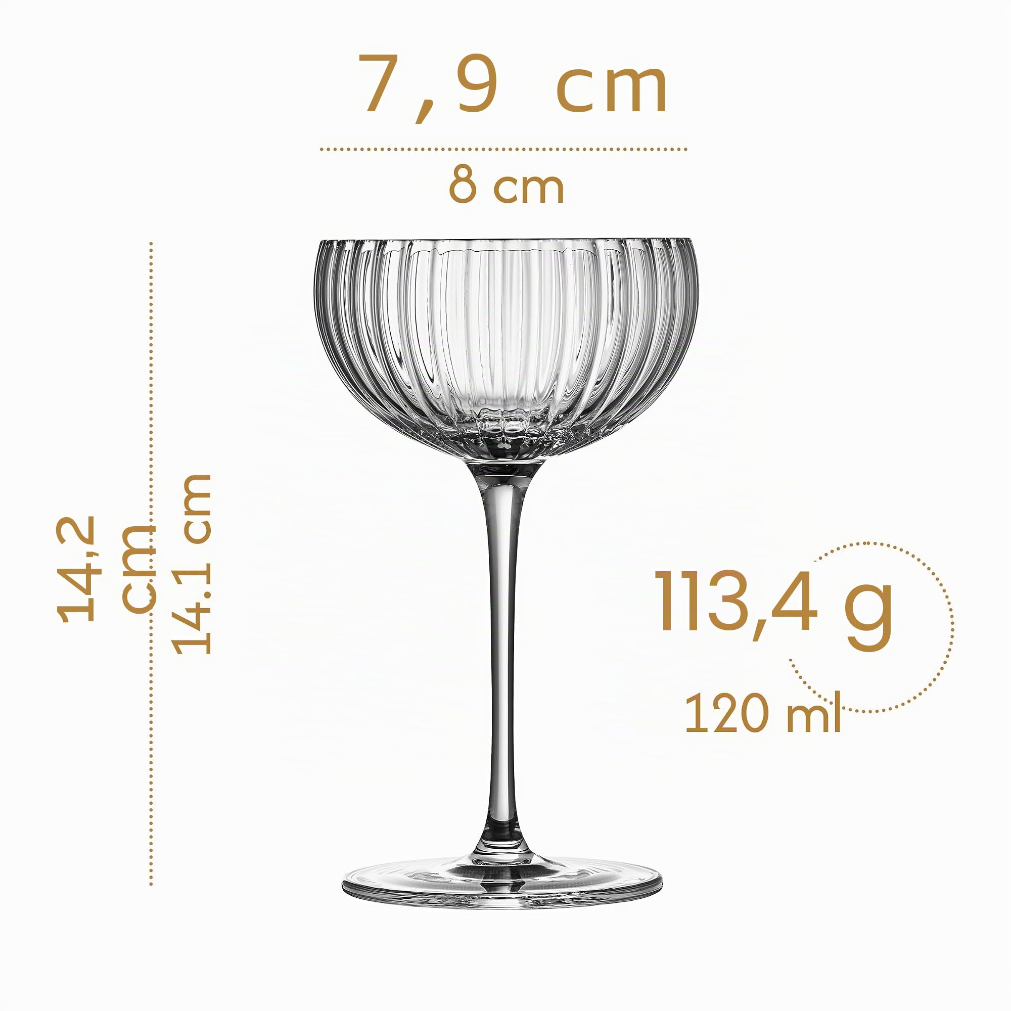 Kleine Venus Nick und Nora Cocktailgläser | 4er Set | 120 ml | Mini Kristall Martini Gläser für Espresso Martini, Daiquiri, Gimlet und Klassische Cocktails | Elegante Geriffelte Muschel Coupe Gläser