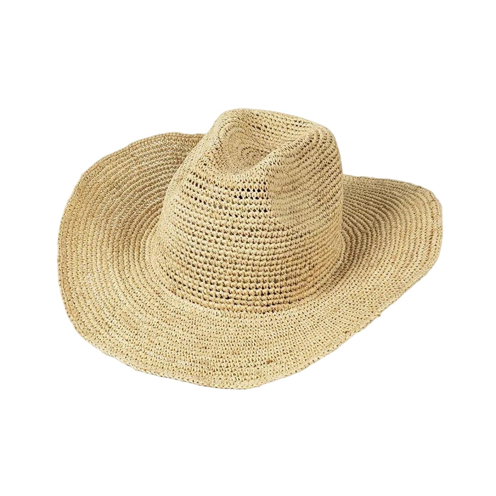 Sombrero de vaquero de rafia de ganchillo informal para primavera y verano para mujer, con ala rizada, sombrero de paja para el sol