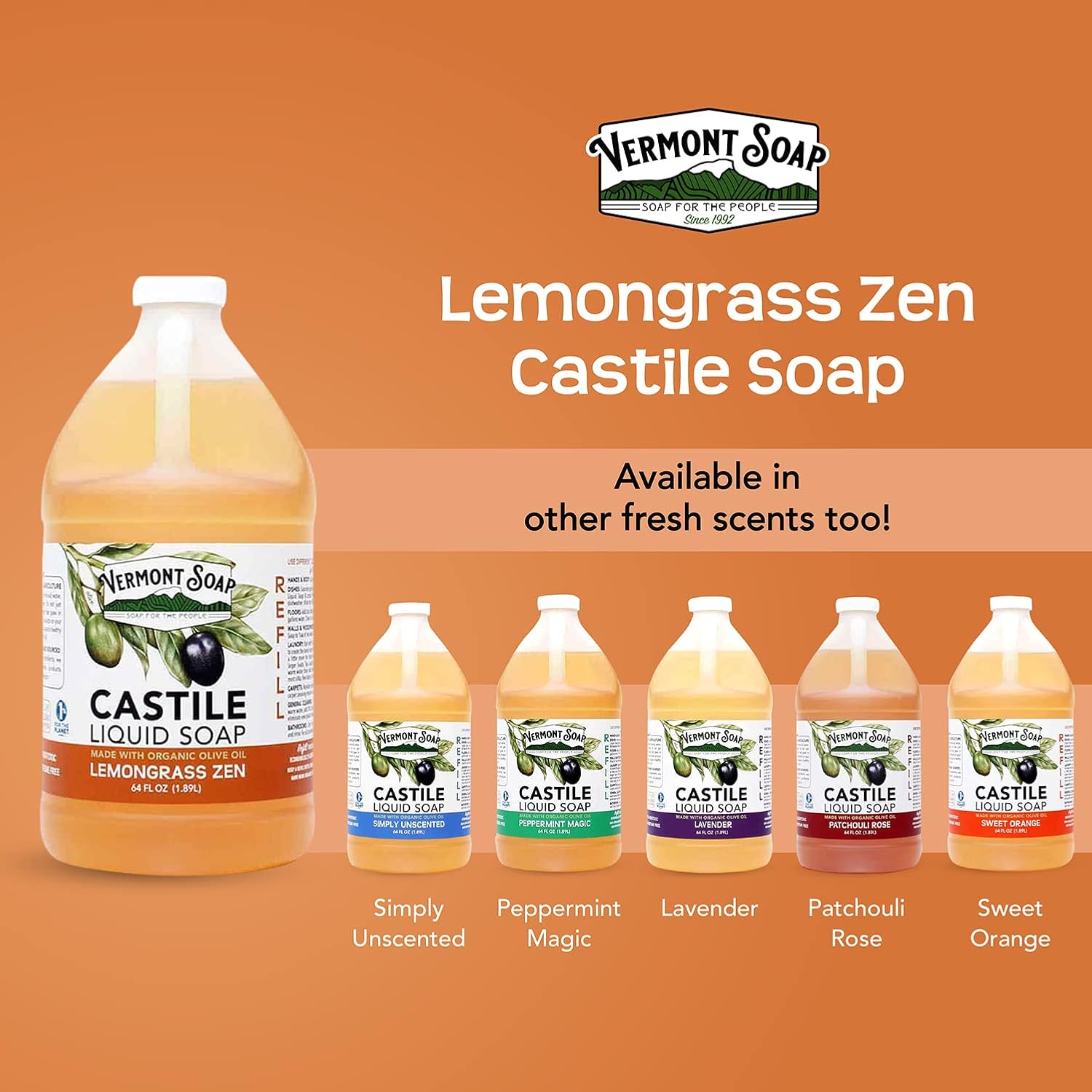 Vermont Castile Lemongrass Zen Soap, Gentle Liquid Soap for Sensitive Skin & Natural Body Wash, Organic Hair Shampoo for Oily Hair, Aloe Castile Soap for Men & Women - 64 Oz