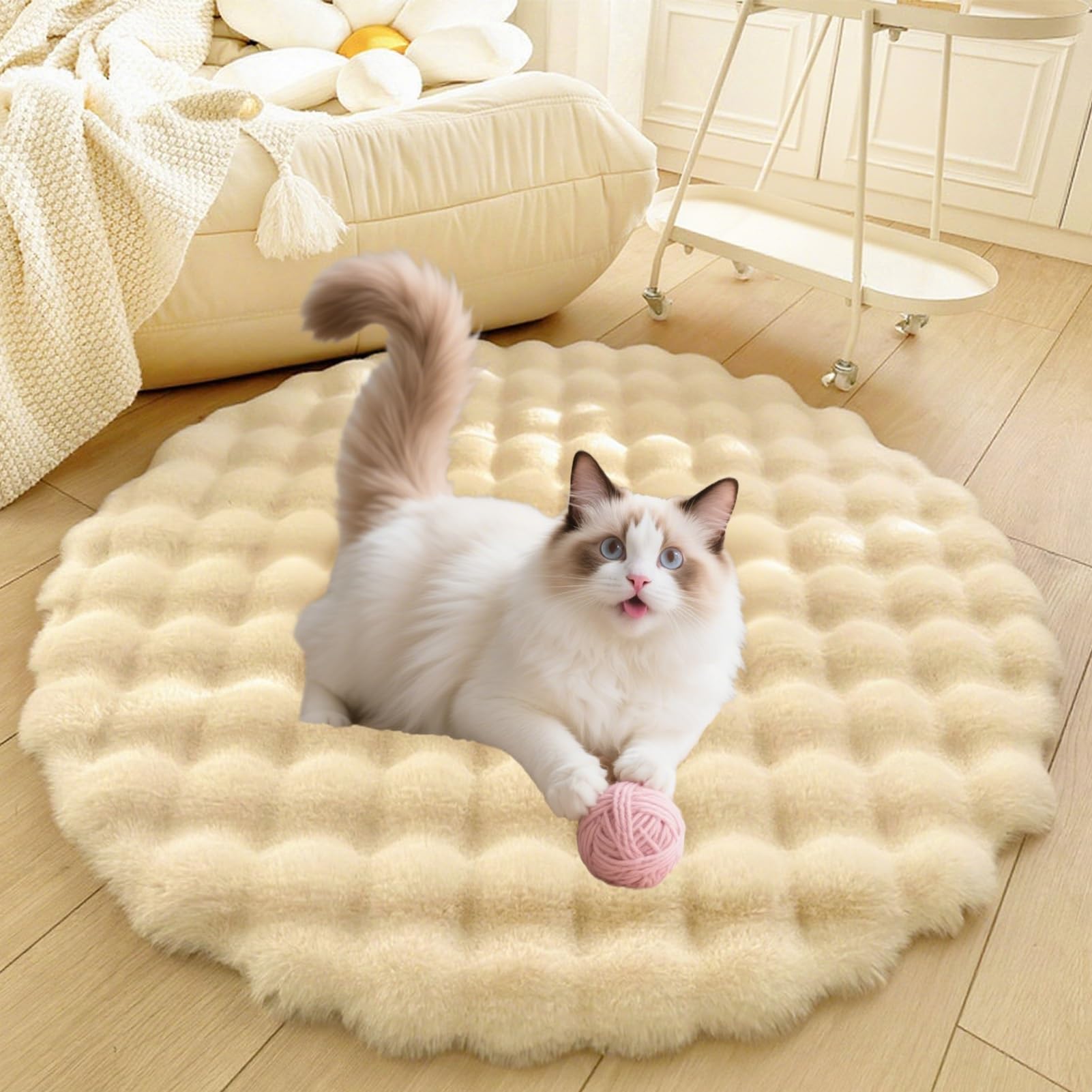 Divano per Cani E Gatti Con Fondo Antiscivolo, Tappeto Rotondo Lavabile, Moderno Letto A Pelo Lungo Da Posizionare Accanto Al Pavimento, Tappetino per Soggiorno(Beige,47in)