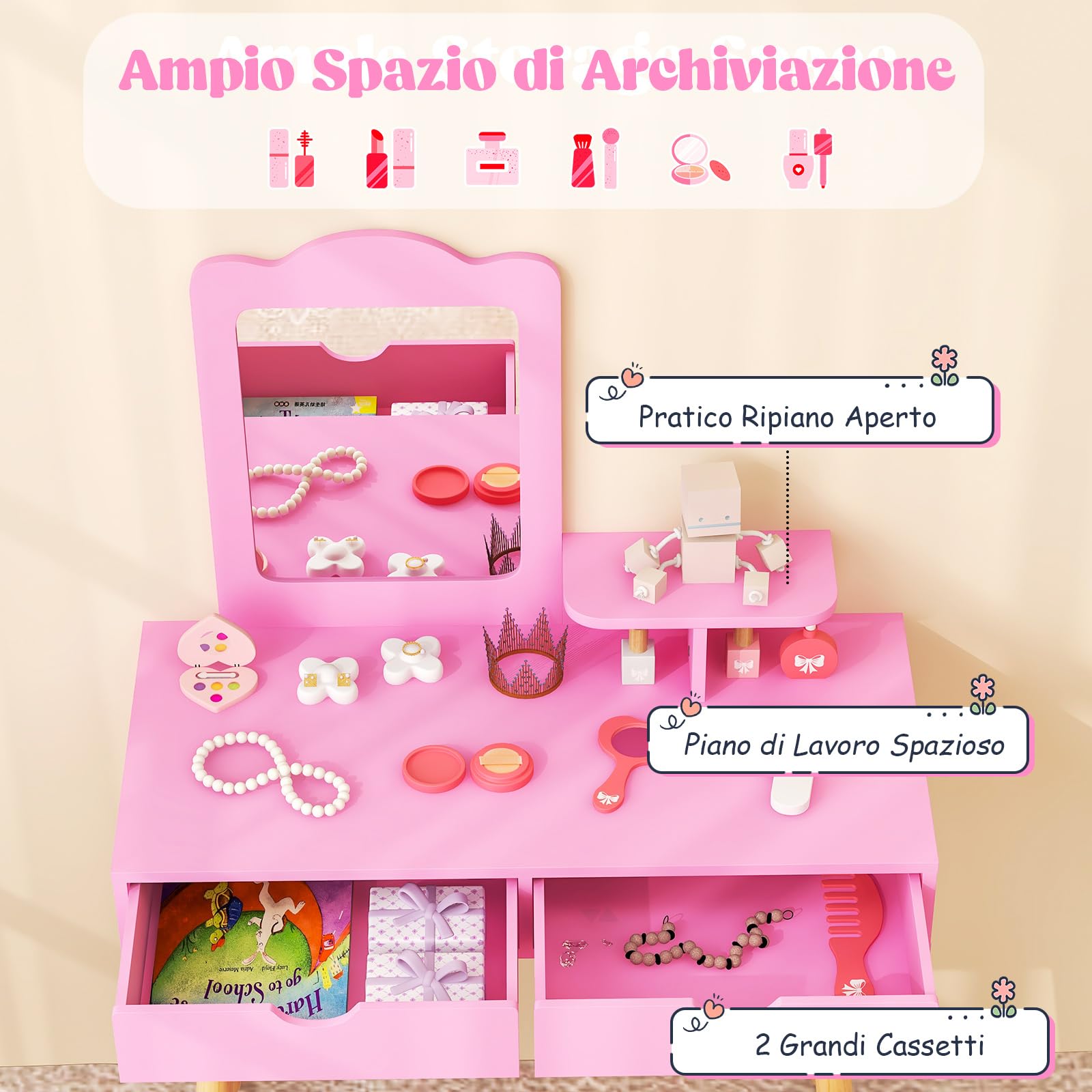 COSTWAY 2 in 1 Set Toeletta per Bambini, Postazione Trucco in Legno con Sgabello, Specchio Rettangolare Staccabile e 2 Cassetti Capienti, Ideale per Bambini dai 3 ai 7 Anni (Rosa Scuro)