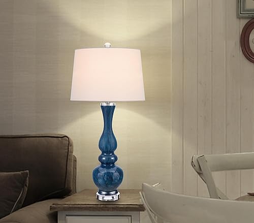 Miniatura 5 de Cal Lighting Lámpara de mesa de cristal Paimio de 150 W de 3 vías con base de cristal y pantalla de tela de tambor cónico. Precio y venta por pares.