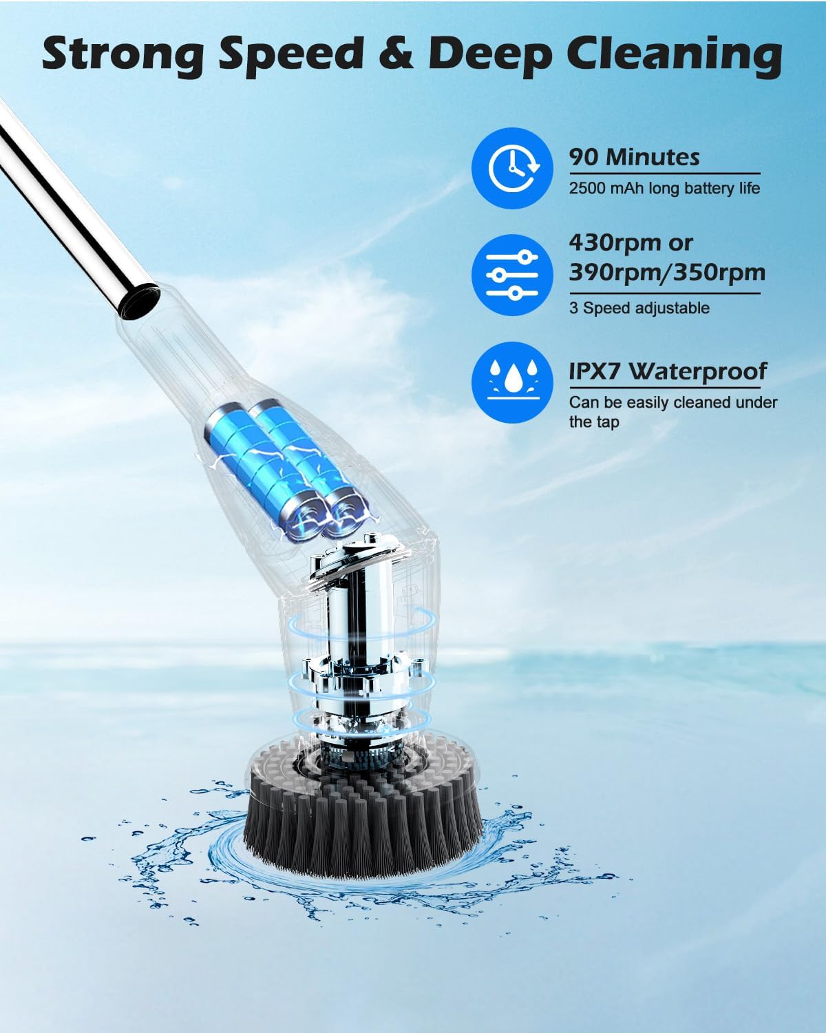Electric Spin Scrubber Cordless Shower Cleaning Brush with 10 Replaceable Heads Powerful IPX7 Waterproof Bathroom Cleaner 3 Speeds Detachable Long Handle Voice Broadcast for Floor Car Kitchen