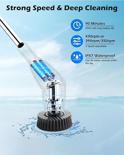 Miniatura 2 de Cepillo eléctrico de limpieza de ducha inalámbrico con 10 cabezales reemplazables, potente IPX7, impermeable, limpiador de baño, 3 velocidades,