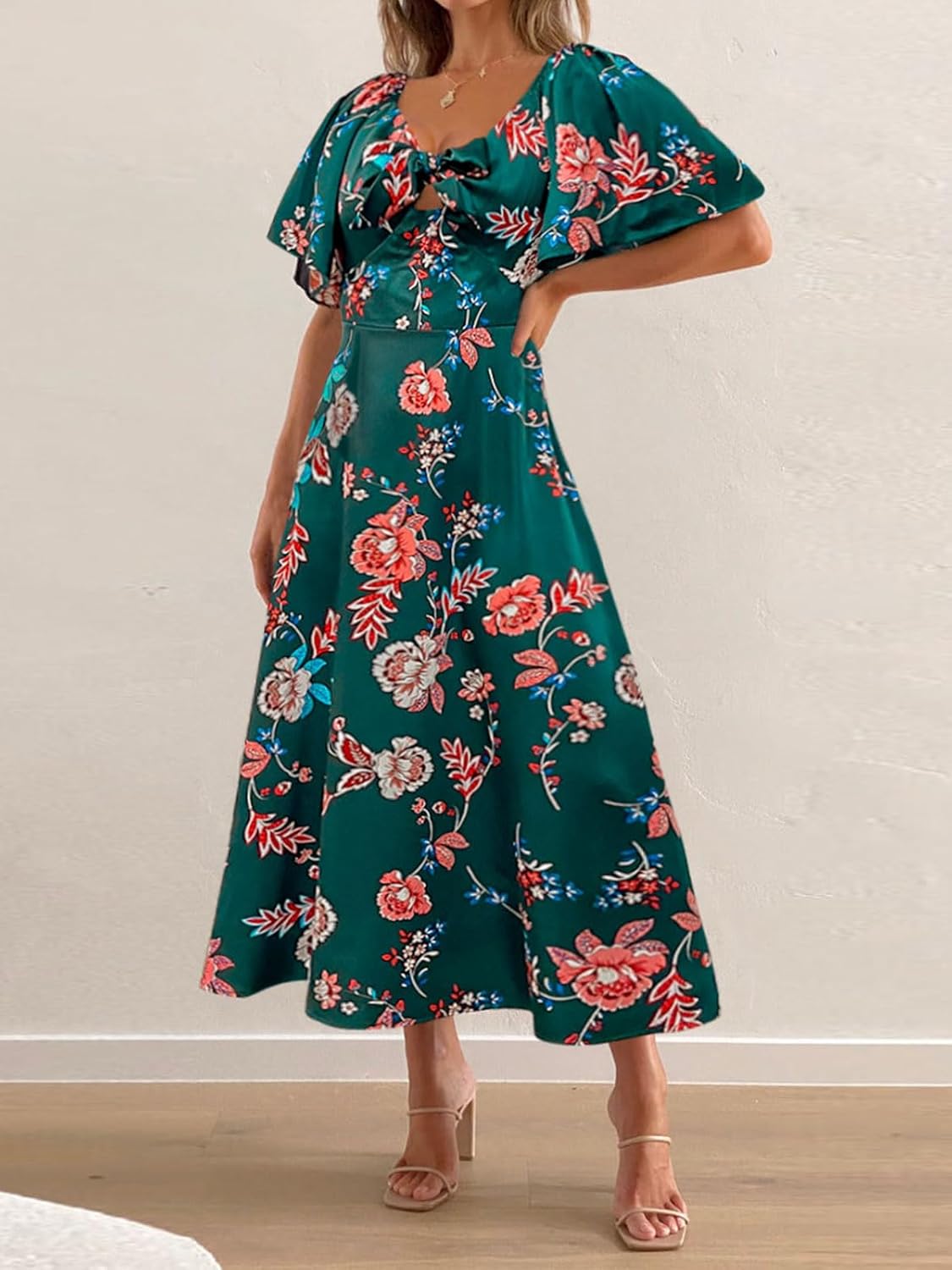 Fashionme Womens Dresses 2026 Maxi Dresses Deep V Neck Elegant Bow Tie Front Cap Sleeve Summer Floral Satin Smocked Dress - Image 7