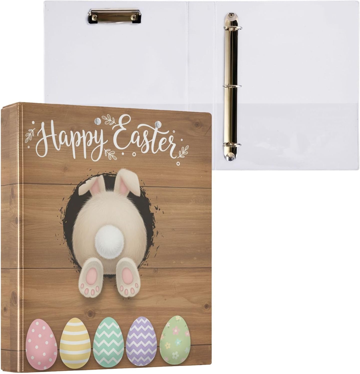 Happy Easter 3 Ring Binders, 1.5” Round Ring Binders with Clipboard - Letter Size, 3 Interior PVC Clear Pockets & Anti-Slip Clip for Office School Supplies, 2PCS