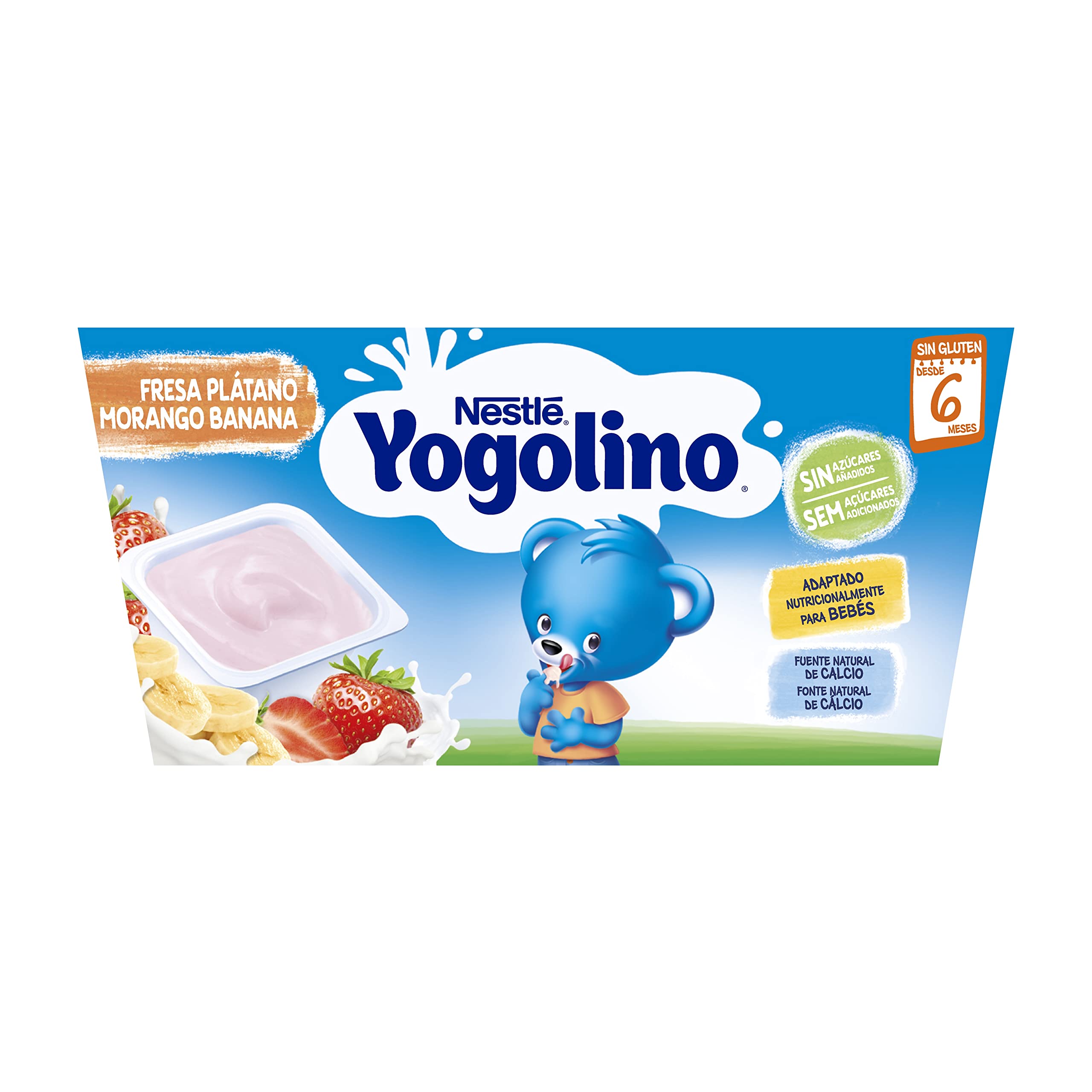 Nestlé Yogolino Fresa Plátano sin Azúcar Añadido, 8+ Meses, 4 x 100g
