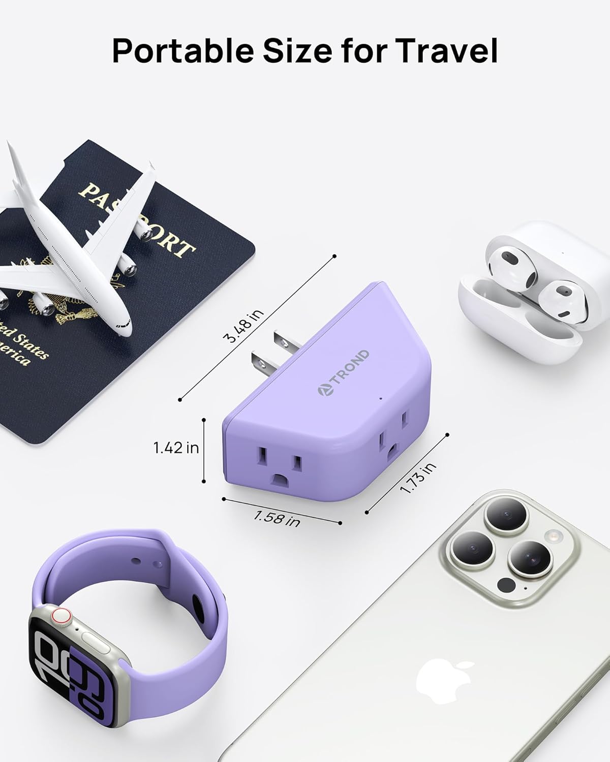 TROND Multi Plug Wall Outlet, 3 AC Outlet Extender with 360 Rotating Plug + Purple Outlet Extender with 3-Prong Grounded Sockets, 3 Way Angled Outlet Adapter