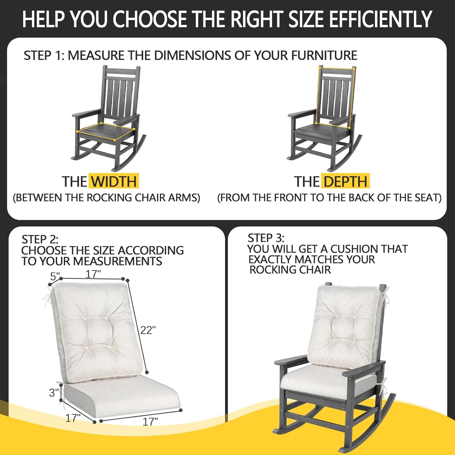 idee-home Rocking Chair Cushion Set, Outdoor Rocker Cushions Indoor, Thick Foam Seat Pads Water Resistant Durable Patio Furniture Chair Cushion with Ties Beige