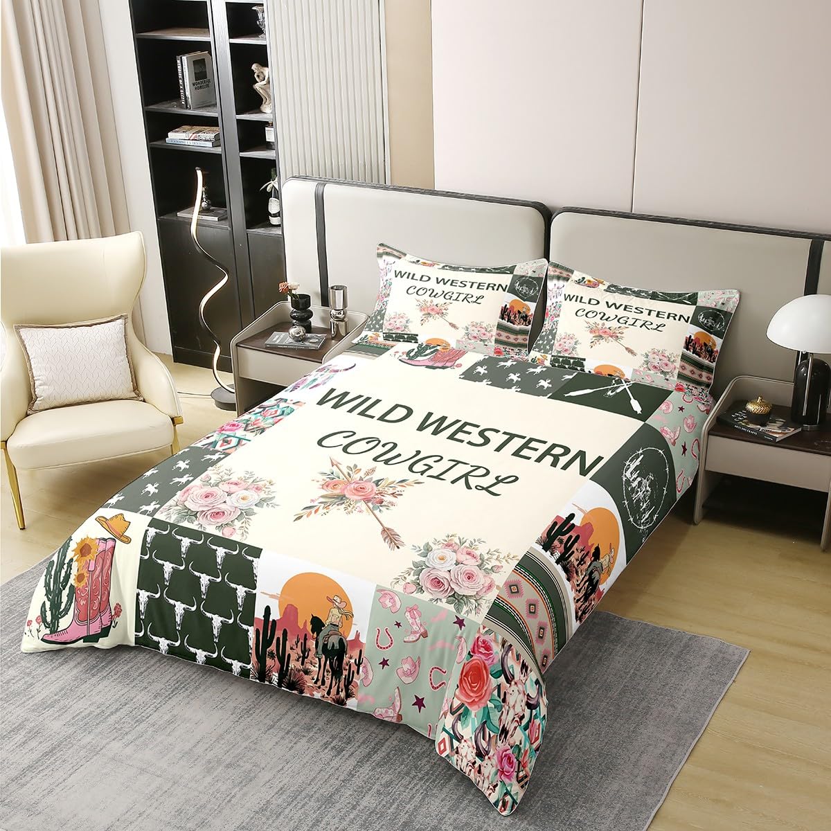 Homemissing Set di biancheria da letto per bambini verde occidentale azteco letto singolo stivali selvaggi cowgirl copripiumino 100% cotone per ragazzi decorazione camera da letto toro teschio