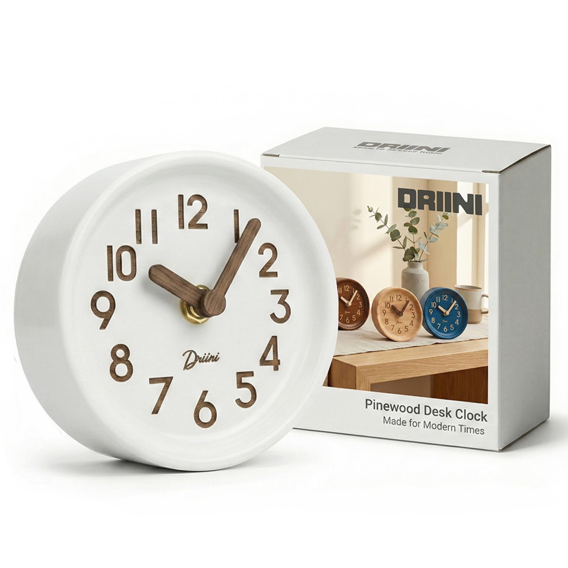 Driini Wooden Analog Desktop Clock – 4.3 in. Decorative Pinewood, No-Tick Design – Easy to Read Silent Sweep Mantle Clock – Quiet Tabletop Clocks with Wood Body, Hands, & Battery Cover; White