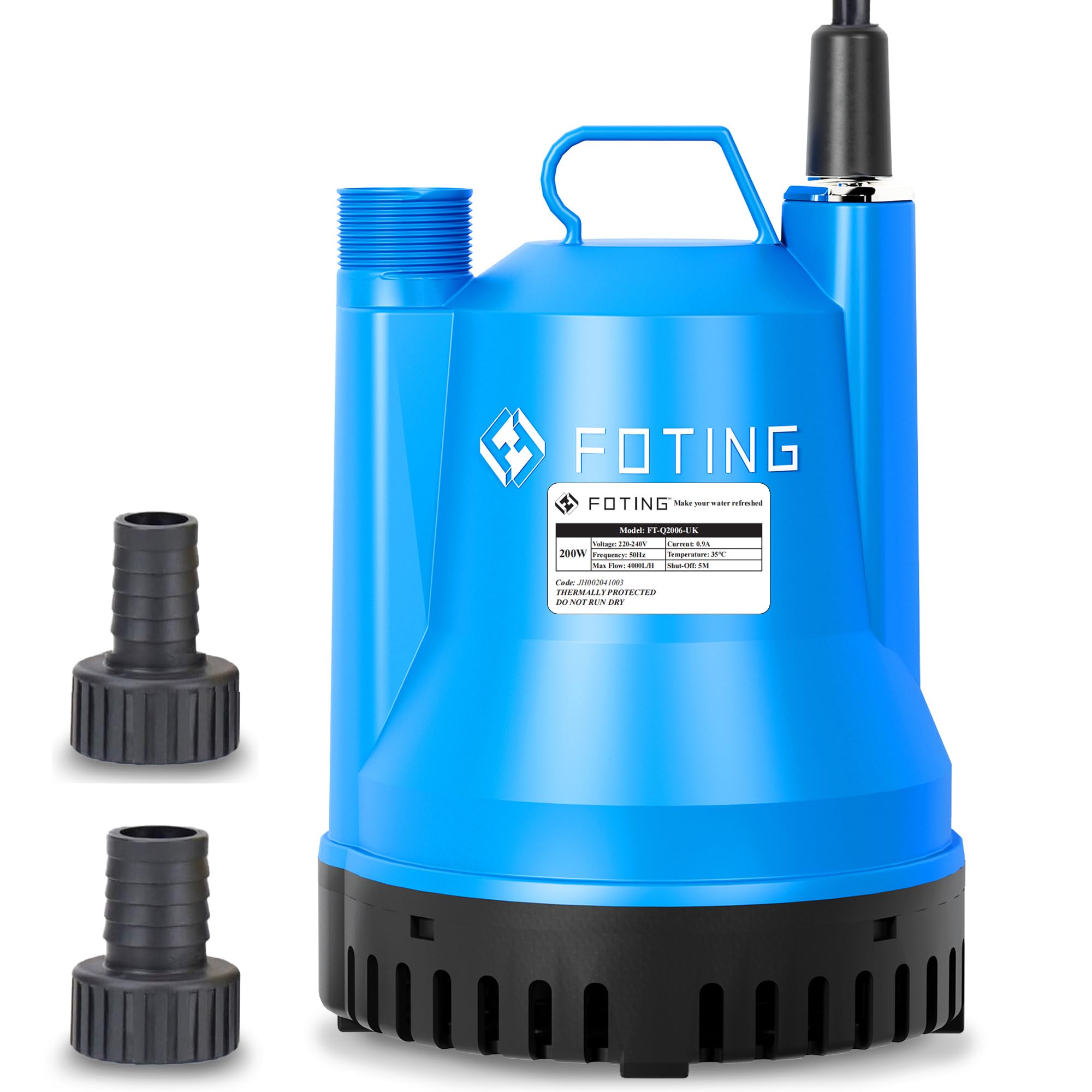 FOTING 200W Portable Submersible Pump, Max Flow 4000 L/H Electric Sump Pump for Dirty/Clean Water