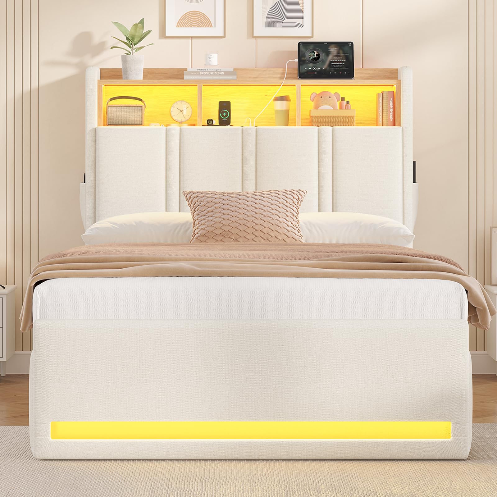 AOGLLATI Letto Singolo con Contenitore Idraulico 90x200 cm, Letto Singolo Imbottito con Ampio Spazio di Stivaggio, Struttura Letto Contenitore con Luci a LED Regolabili e Stazione di Ricarica, Beige
