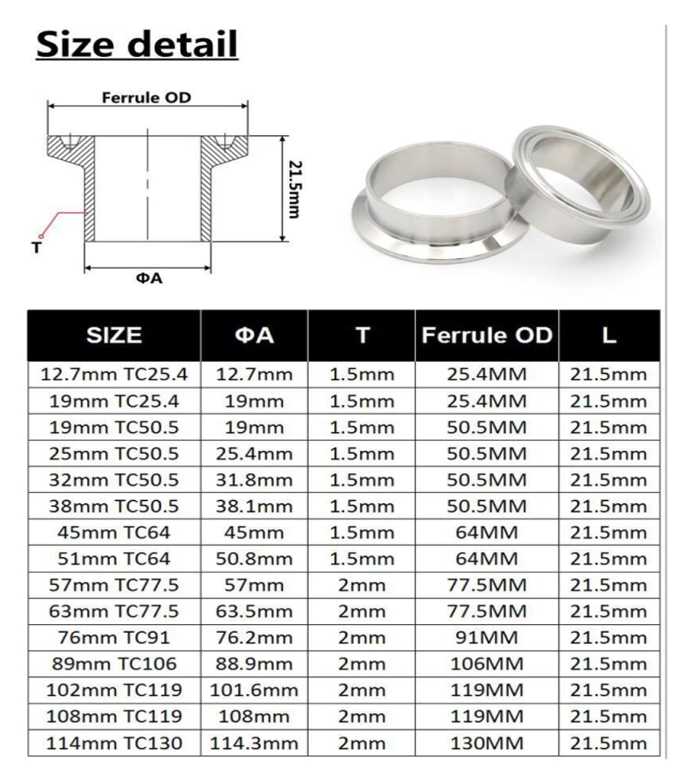 YALLS 12,7 19 25 38 108mm 0,5 "0,75" 1 "2" 3 "4" SS304 Accesorios de tubería Sanitaria de Acero Inoxidable virola de Soldadura Tri Abrazadera Brida casera (Size : 108mm Ferrule119)