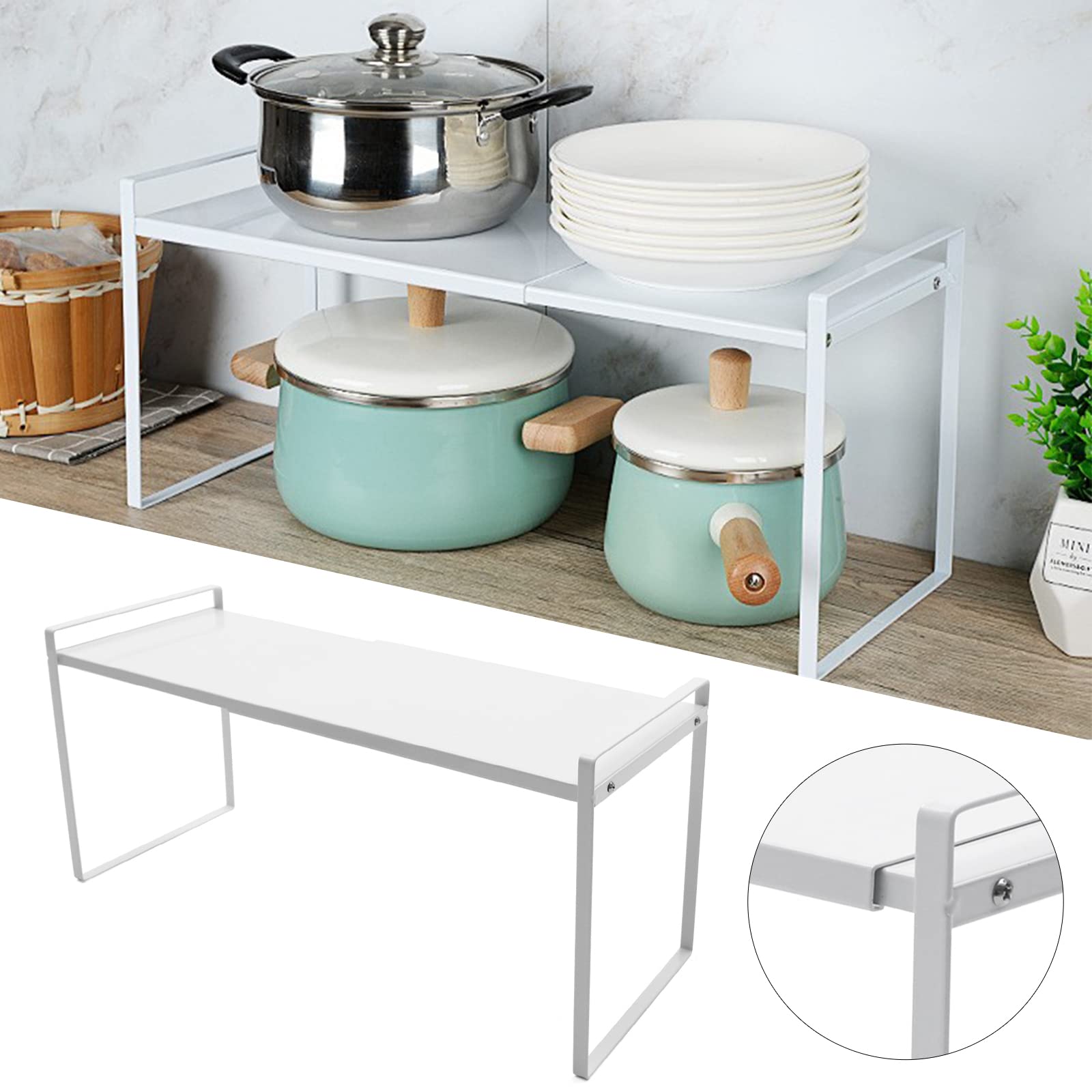Scaffale da cucina espandibile regolabile, scaffale telescopico per armadi e controsoffitti, soluzione di archiviazione da 34-63 cm, sistema di mensole bianche per la massima efficienza di spazio