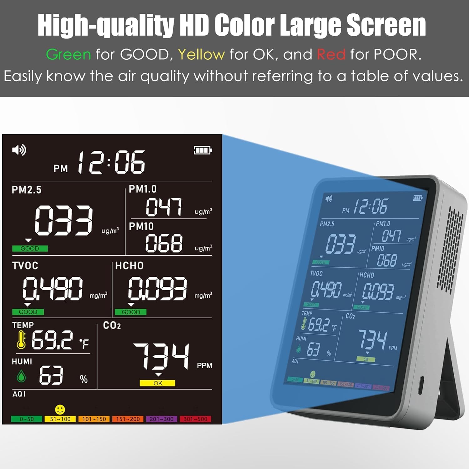 16-in-1 Indoor Air Quality Monitor, High-Precision Multi-Parameter Smart Air Quality Tester with HD Real-Time Color Screen, Portable Air Quality Monitor for Home, Office, Cars, Bedroom (Dark Gray) — Amazon image 3