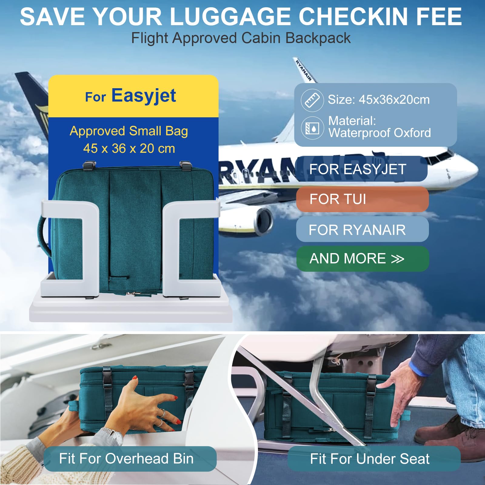 SZLX Zaino Ryanair 40x20x25 Donna Zaino da Viaggio Sottovuoto con pompa Bagaglio a Mano Sottovuoto Viaggio Uomo Borse da Cabina 45x36x20 Easyjet con scomparto per scarpe per Laptop da 14 Pollici