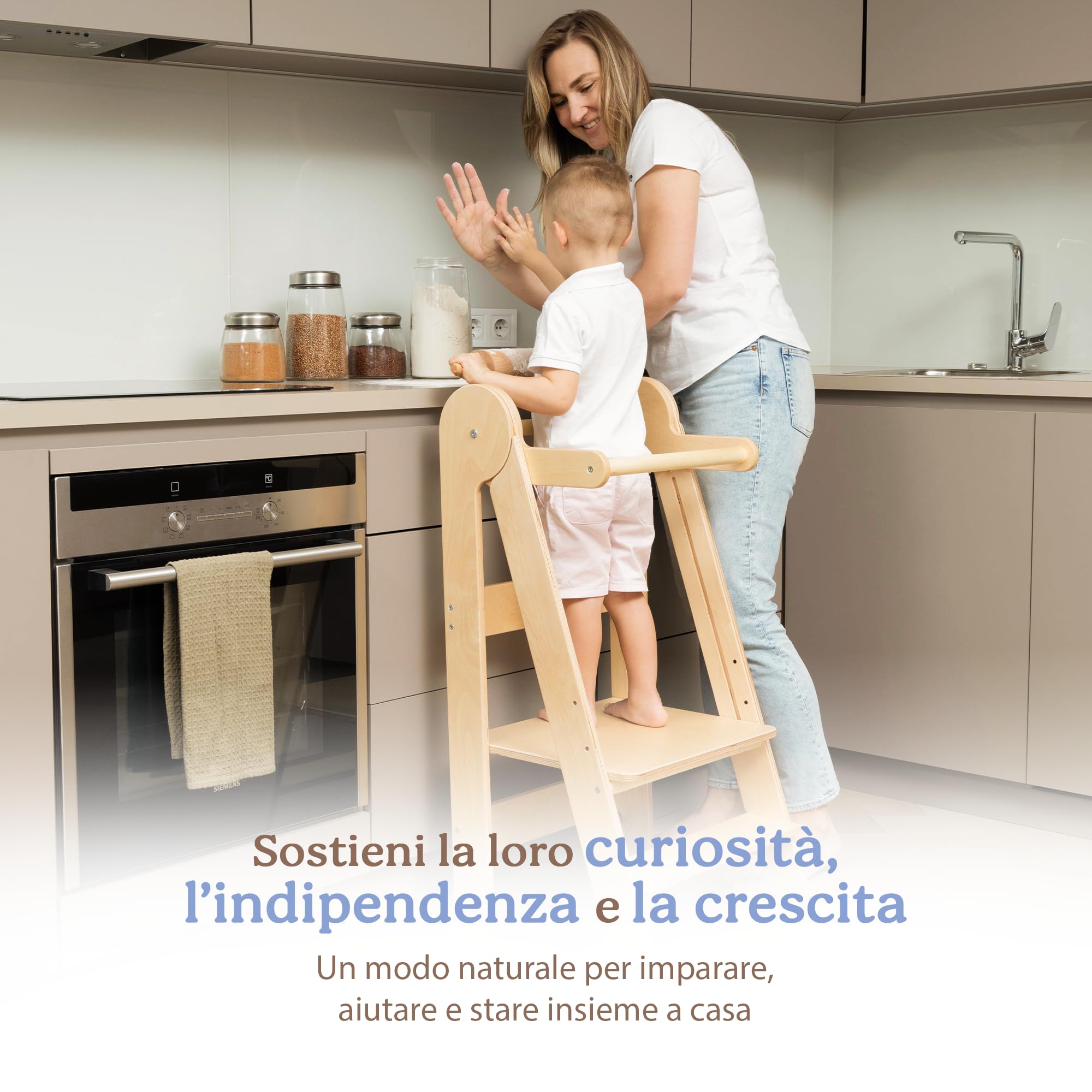TOYBOX Torre Montessoriana Pieghevole, Learning Tower, Legno Naturale