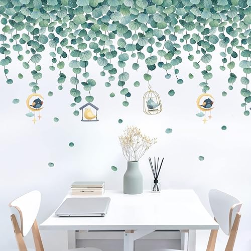 Calcomanías de pared colgantes de vid con hojas verdes, calcomanías de pared extraíbles para plantas, bricolaje, pájaros naturales, mural de pared,