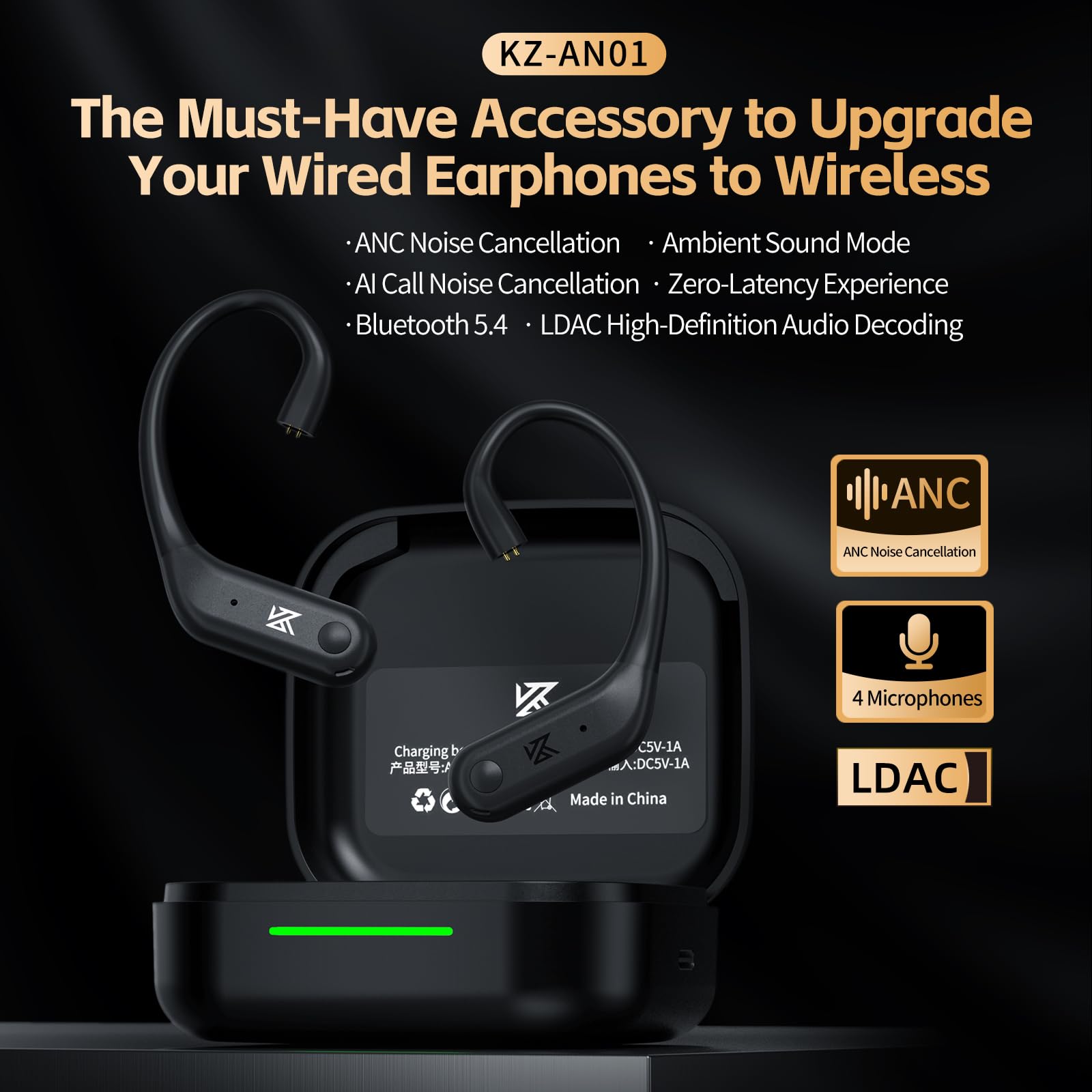 KZ AN01 5.4 Modulo Bluetooth, adattatore gancio auricolare, convertitore wireless, suono HiFi, cancellazione rumore, audio LDAC, modalità trasparenza, pin C