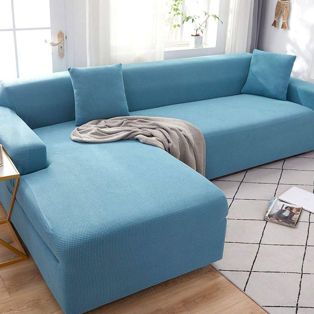 Housse de canapé 5 places forme L tissu extensible bleu durable