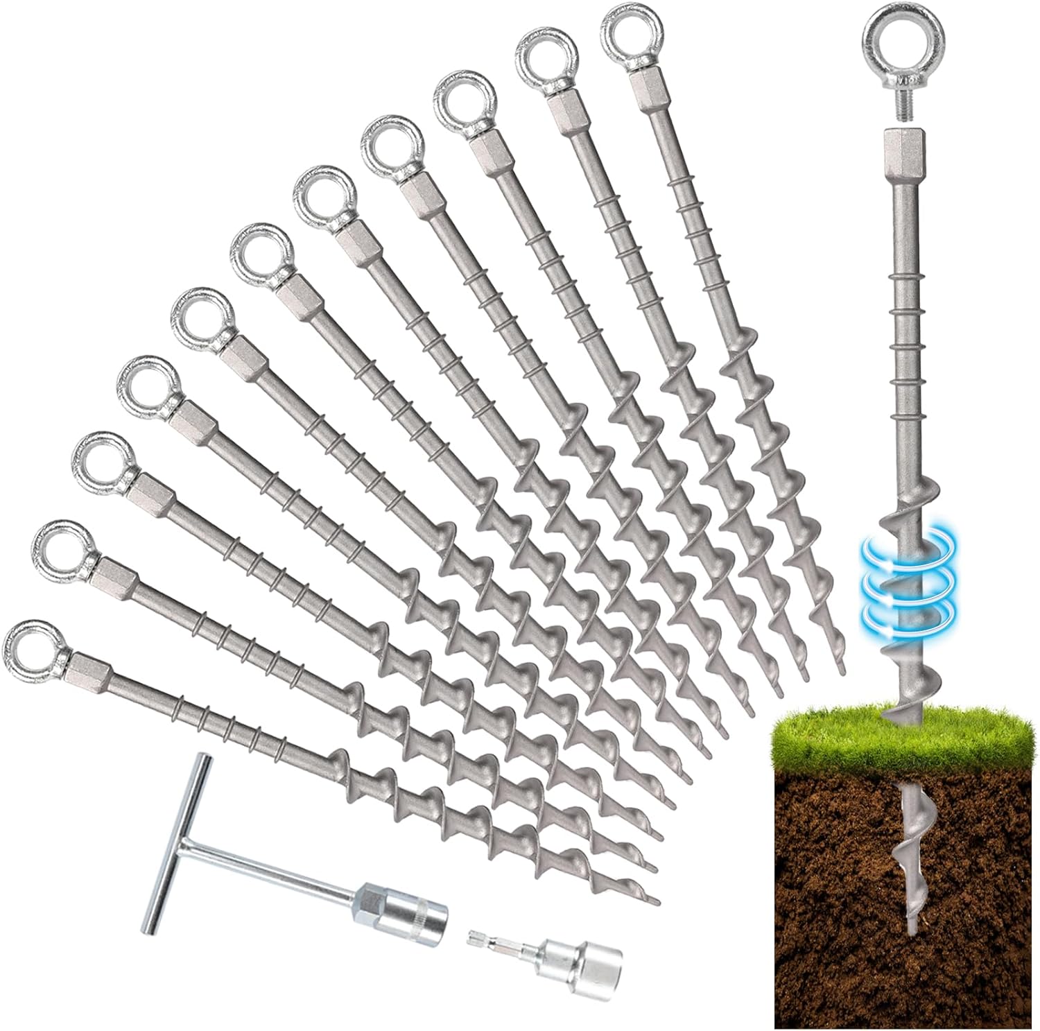12 Pcs 14" Ground Anchors Screw in Non-Rust Cast Aluminum Detachable Tent Stakes for Camping Tents, Sand, Trampoline, Swing Sets and Sheds