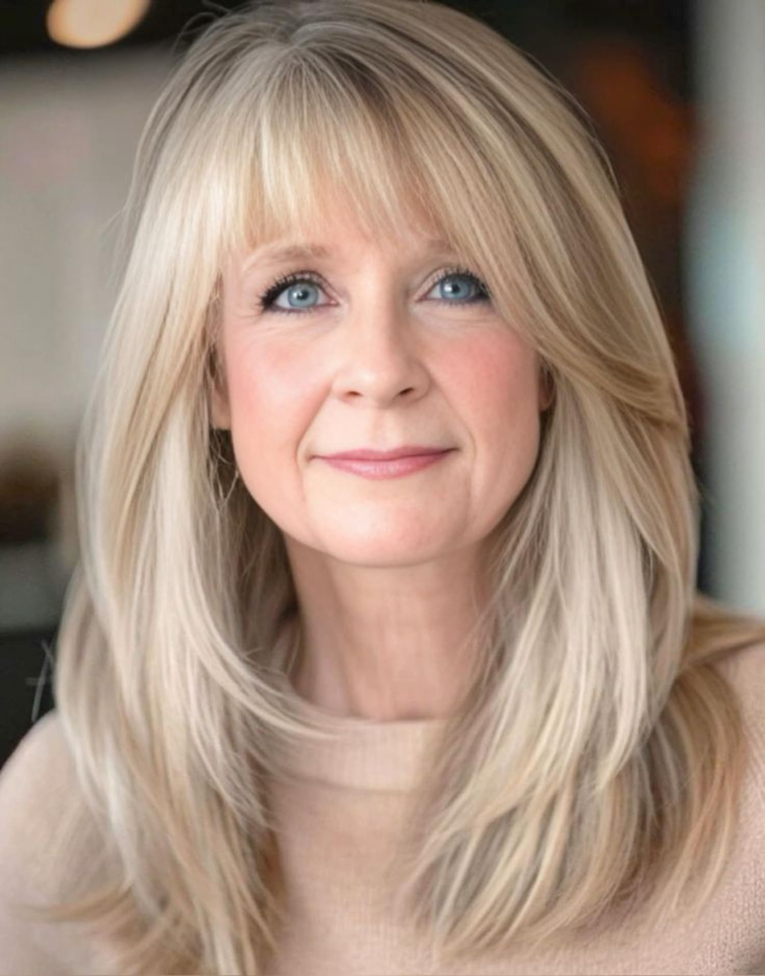 Long Mixed Blonde Layered Wig with Bangs Long Straight Synthetic Replacement Wig for Women