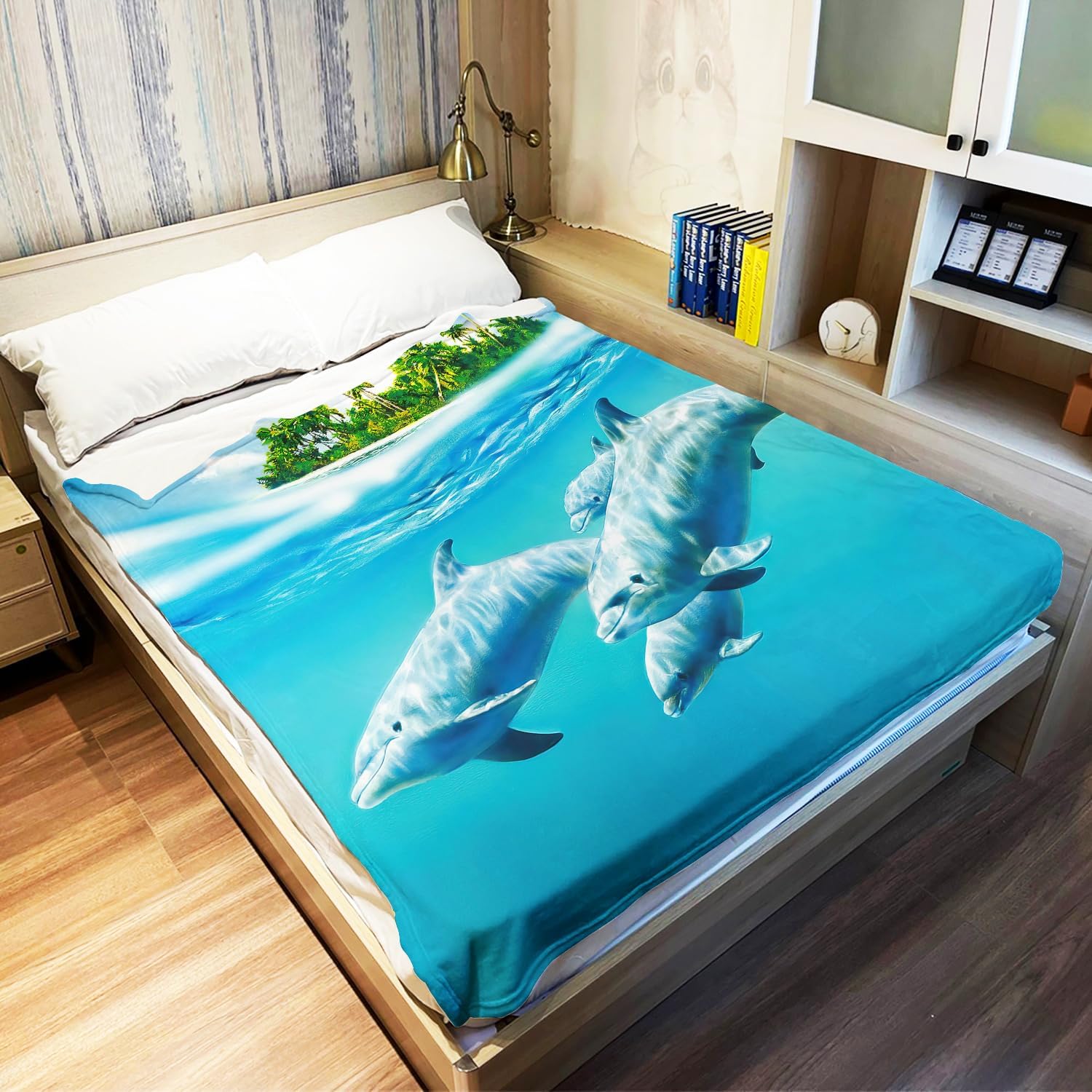 Tropical Dolphins Throw Blanket, Soft Warm Cozy Fleece Blanket for Couch Bed, 60" x 80", Blue - Image 2