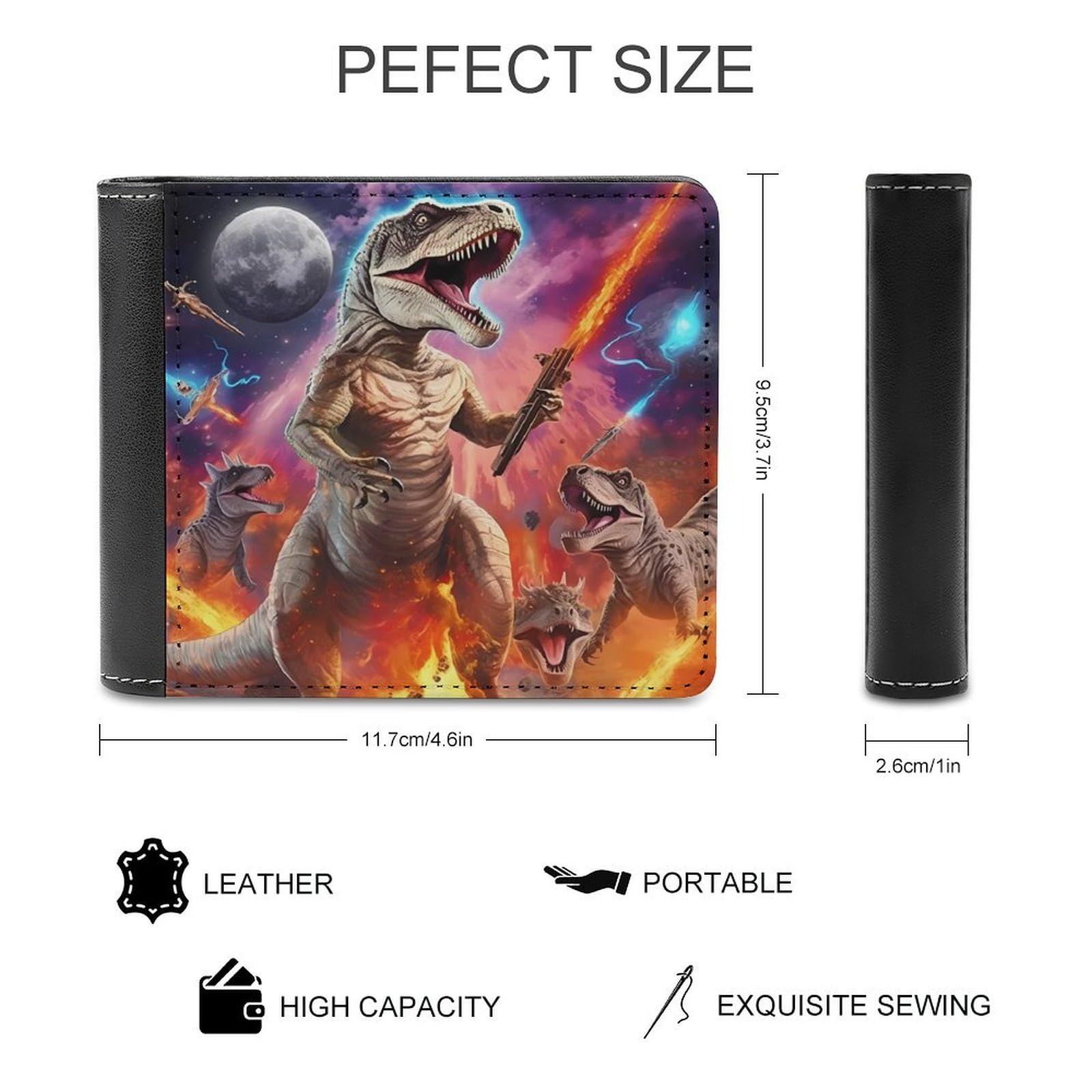 Dinosaur on Fantasy Galaxy Space Funny Men's Slim Bifold Wallet with Multiple Card Slots Front Pocket Purse