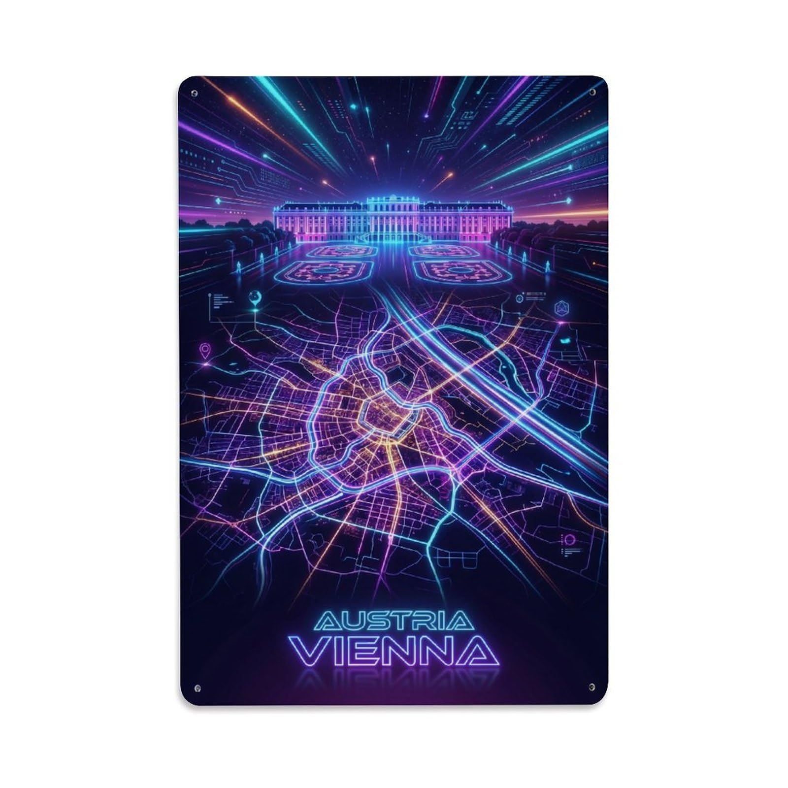 Vienna Futuristic City Map Cyber Synthwave Neon Travel Guide Metal Tin Sign Plaque Wall Decor for Cafe, Man Cave, Club Bar, Office, Home Garden Round Metal Poster 8x12Inch