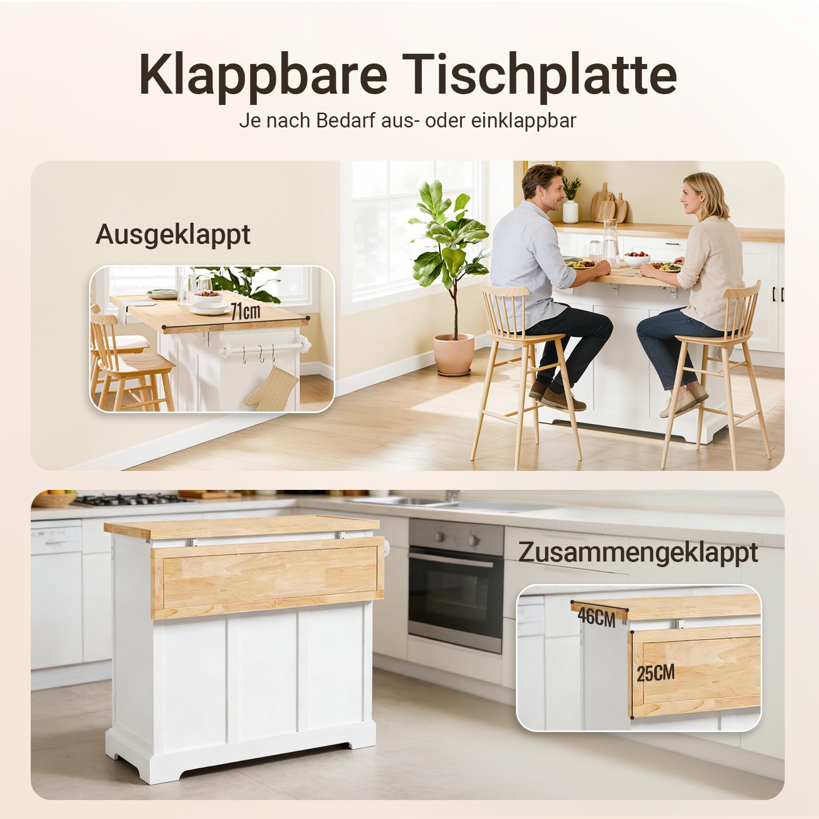 SoBuy Kücheninsel mit Rollen Küchenwagen mit Arbeitsplatte Klappbar Mobile Kücheninsel auf Rollen Kochinsel Freistehend mit Tisch Weiß 115x92x(46-71) cm FKW71-III-WN