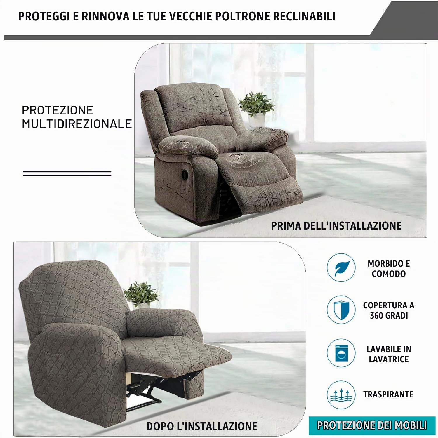 ele ELEOPTIOIN Copripoltrona Relax Reclinabile, fodera per divano 1 posto Copri Poltrona, 4 Pezzi jacquard con Tasche, per Poltrona reclinabile, Poltrona di Relax, Poltrona da Massaggio, Taupe