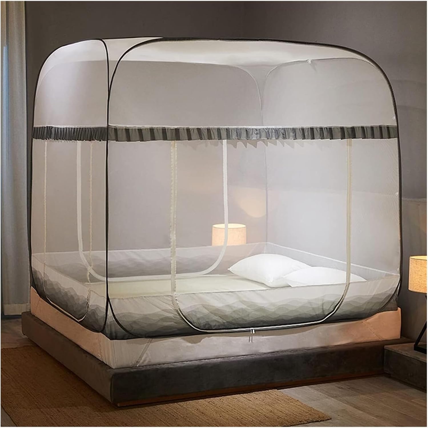 Mosquito Net,Hanging Bed Net Cover,Mosquito Nets, Pop Up Mosquito Net for Double Bed,Portable Tent Travel Mongolian Yurt Neting Folding 3 Doors(Grey,for 1.5m Bed)