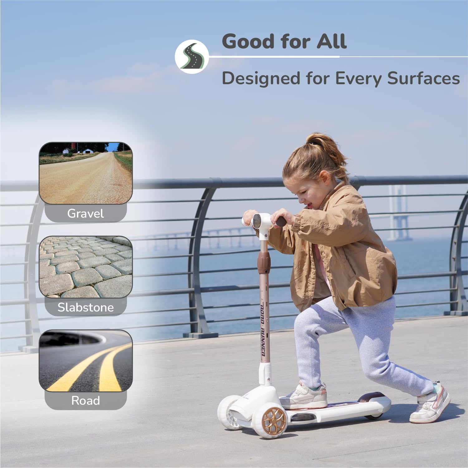 R for Rabbit Road Runner Blaze Foldable Kick Scooter for Kids with 4 Level Adjustable Height, PU LED Wheels, Lights and Music for 3+ Years Baby Boy & Girl of Upto 75kg Weight (Cream Gold) - Image 6 thumbnail