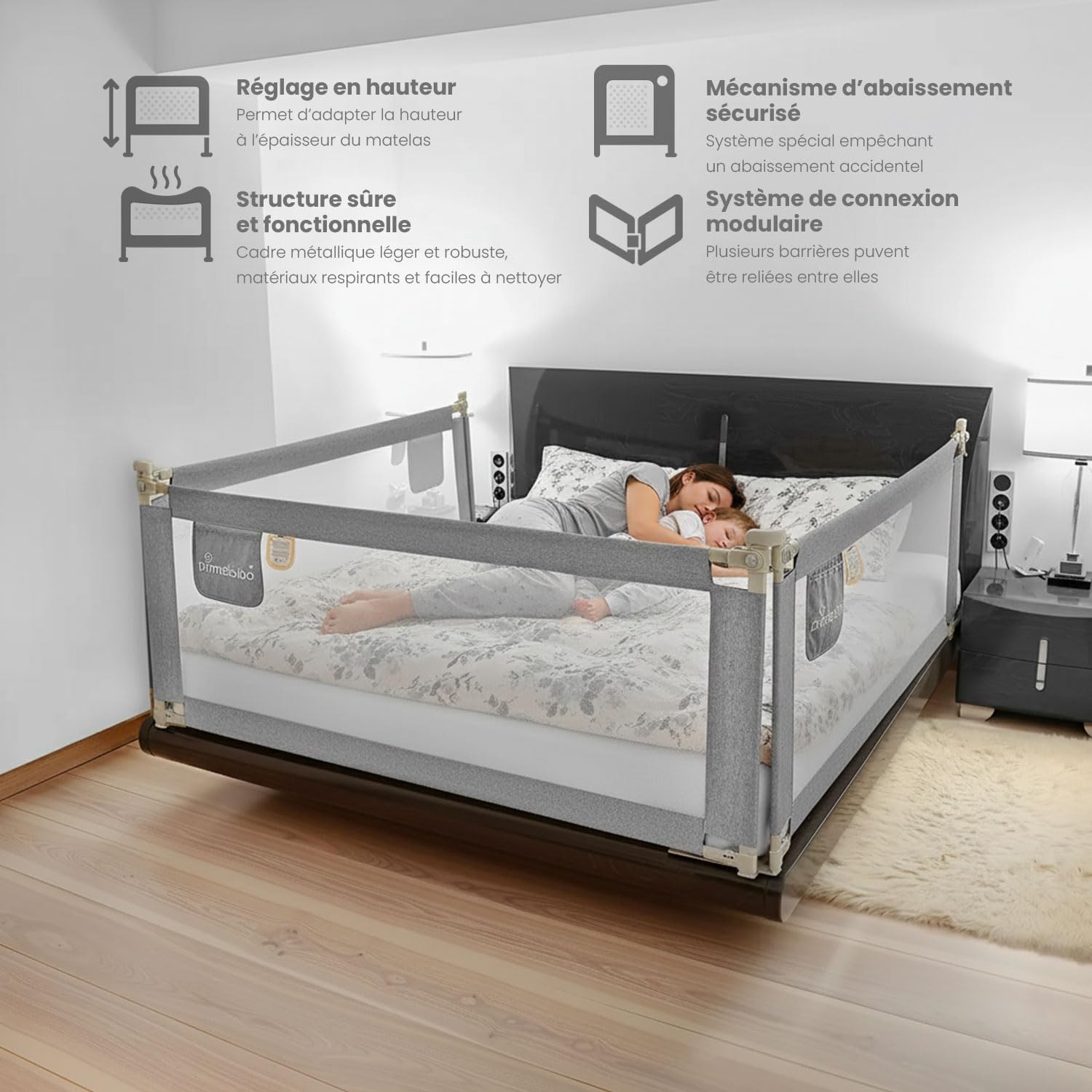 Primabobo Barrière de Lit Enfant Classic Gris 200 cm 160 cm Pliable – Lot de 3, Hauteur Réglable, Protection Lit Bébé