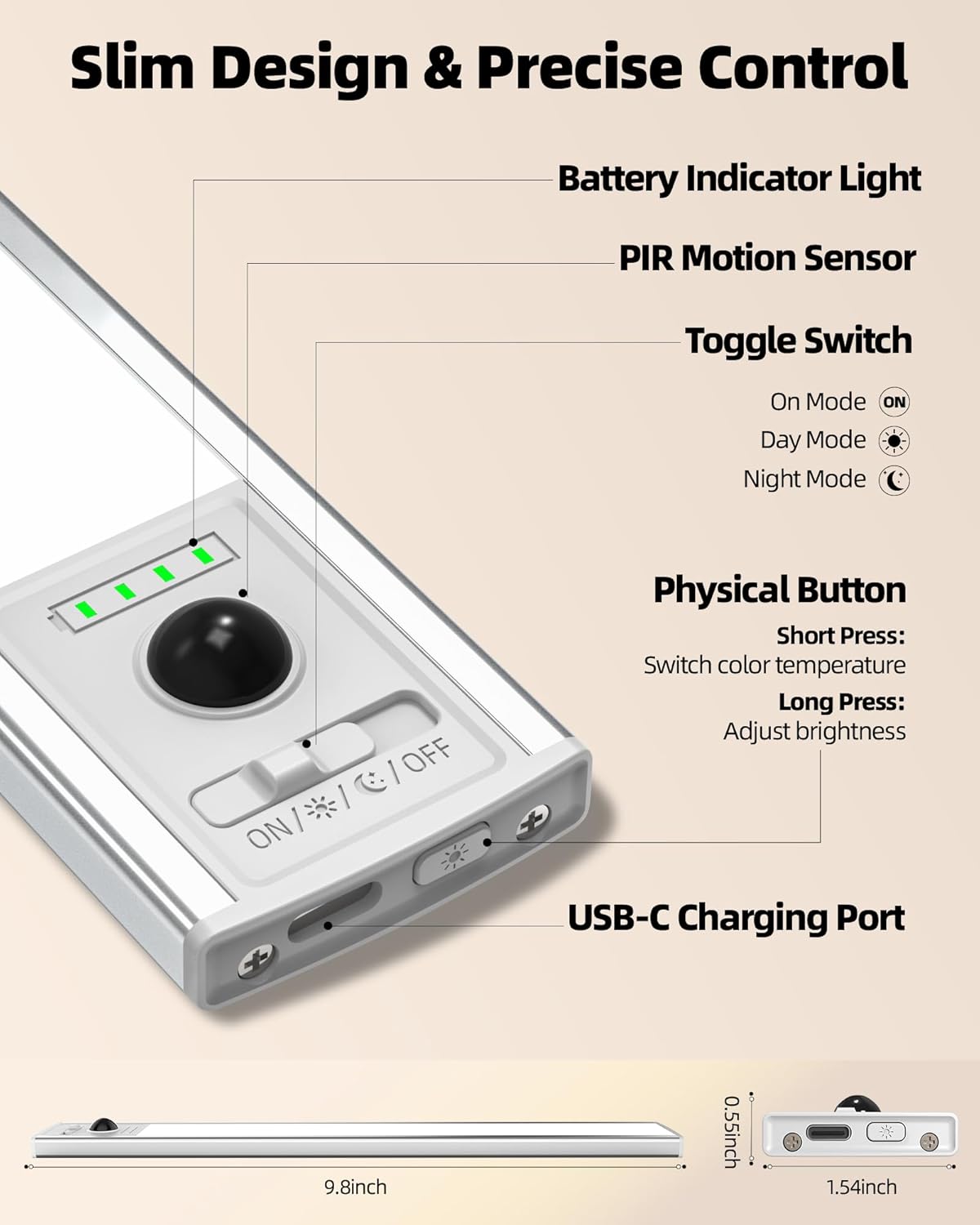 Close-up of EZVALO light controls: battery indicator, PIR motion sensor, toggle switch, physical button, USB-C charging port