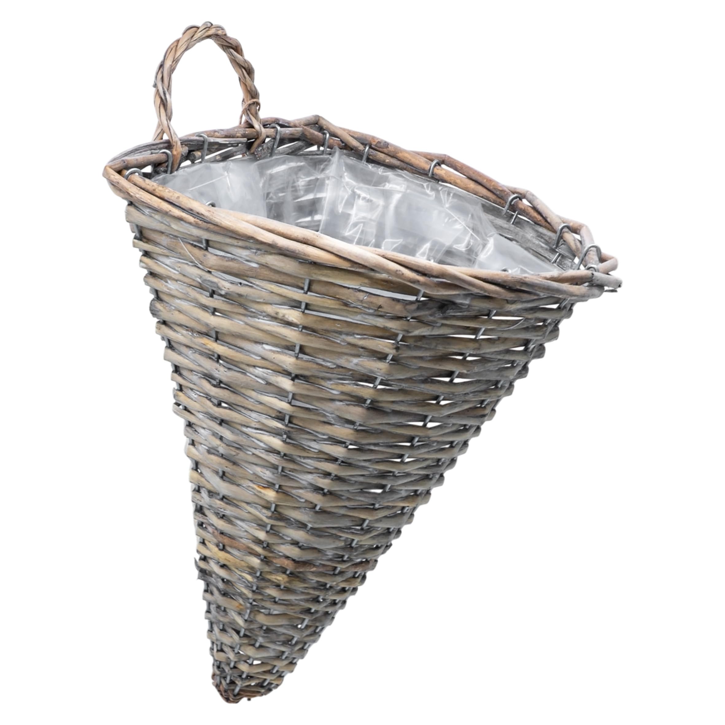Rattan ścienny wiszący kosz na kwiaty, stożkowy, 32 x 25 cm, naturalny, z folią – zestaw 2 sztuk – pleciony kosz na rośliny do zawieszenia, półokrągły, do wnętrz i na zewnątrz – kosz na kwiaty