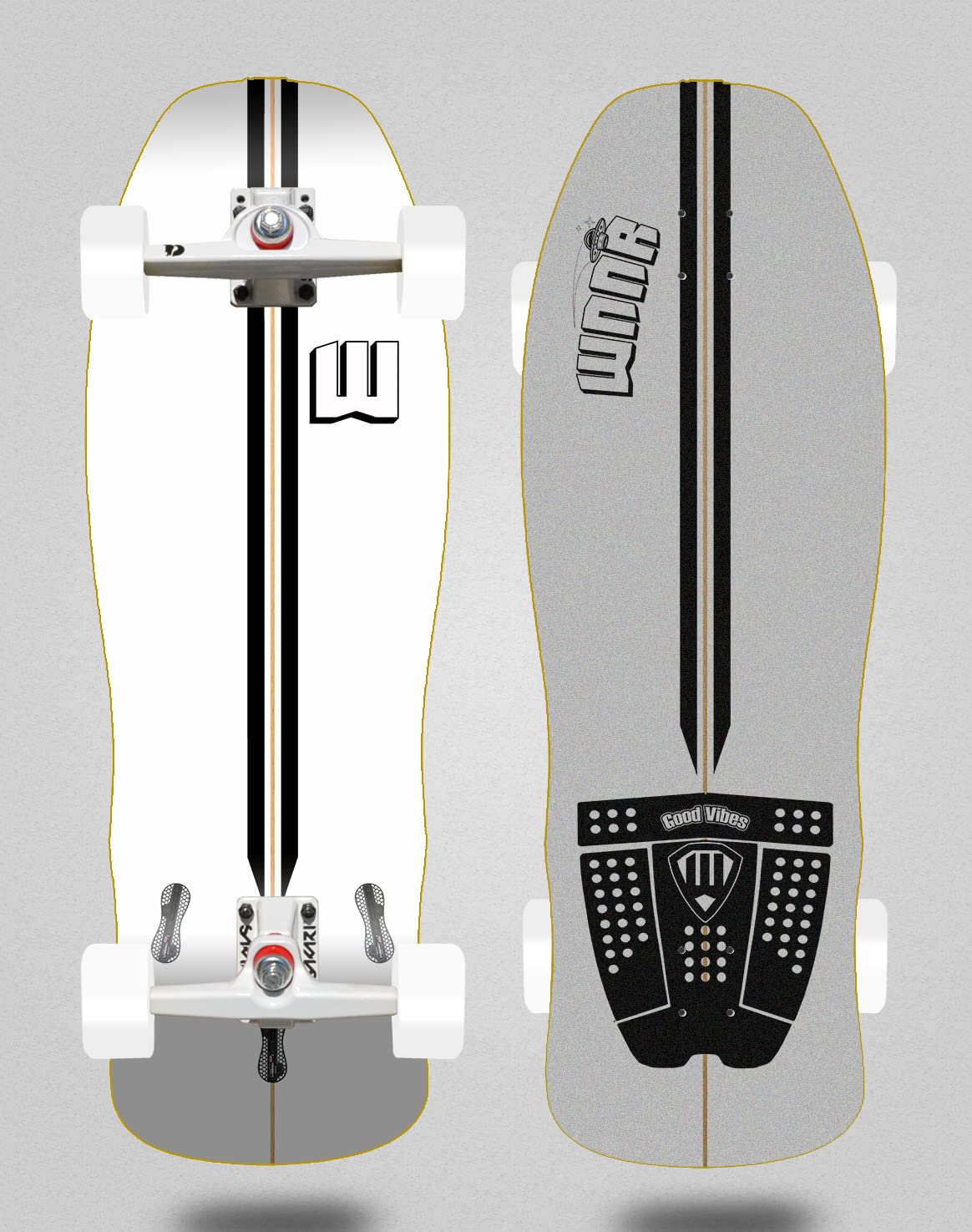 WNNR surfskate Sakari Complete with SGI Surf Skate Trucks Godvbs White 9.625x29.75